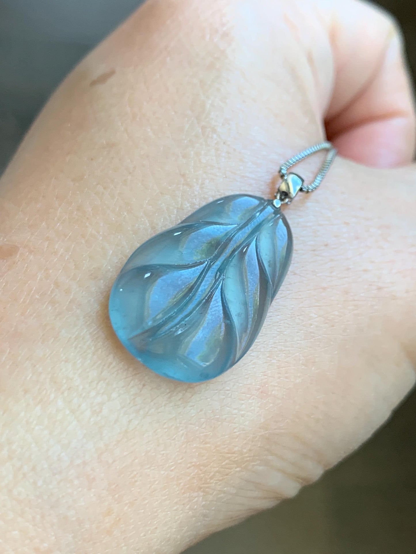 Natural Grade A Guatemalan Premium Icy Highly Translucent Teal Blue Jade Jadeite Leaf Pendant 18K White Gold 3g 天然老种高冰危蓝翡翠叶子大业有成吊坠 XKY336B