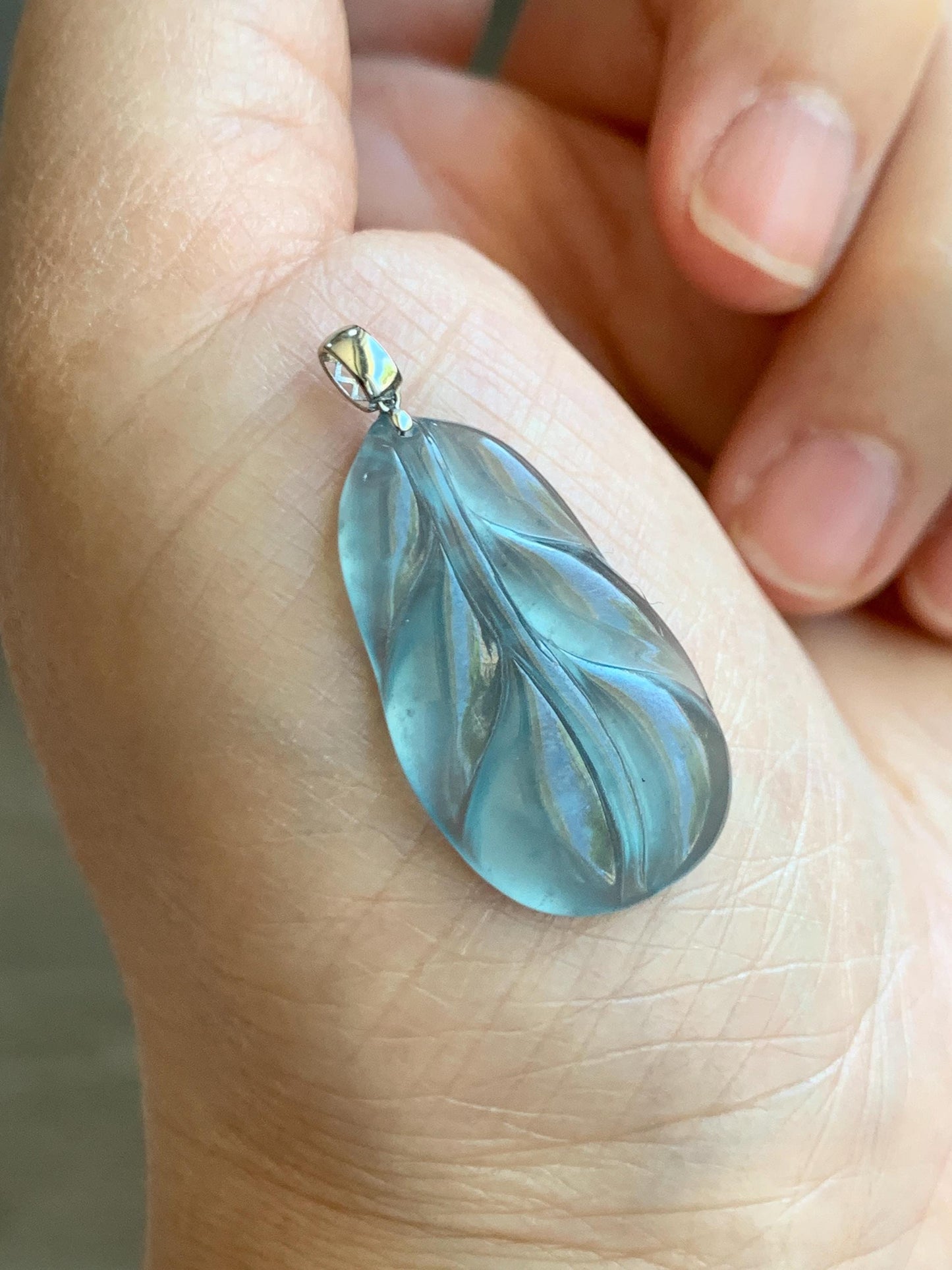 Natural Grade A Guatemalan Premium Icy Highly Translucent Teal Blue Jade Jadeite Leaf Pendant 18K White Gold 3g 天然老种高冰危蓝翡翠叶子大业有成吊坠 XKY336B