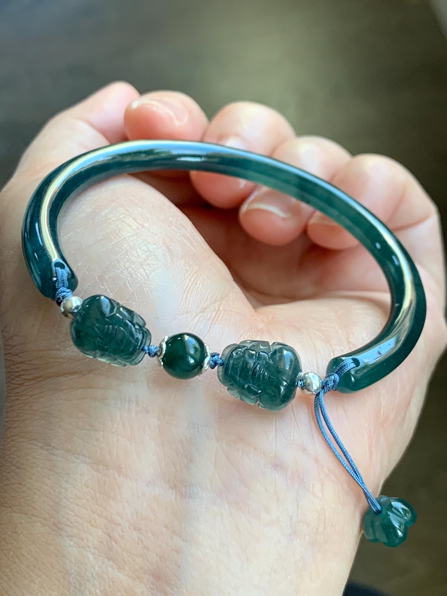Natural Guatemalan Icy Translucent Dark Aegean Blue Jade Jadeite Open Bangle Bracelet w/ Double Pixiu Charms 56.5mm 天然老种冰胶危篮翡翠开口镯双貔貅 BZP250