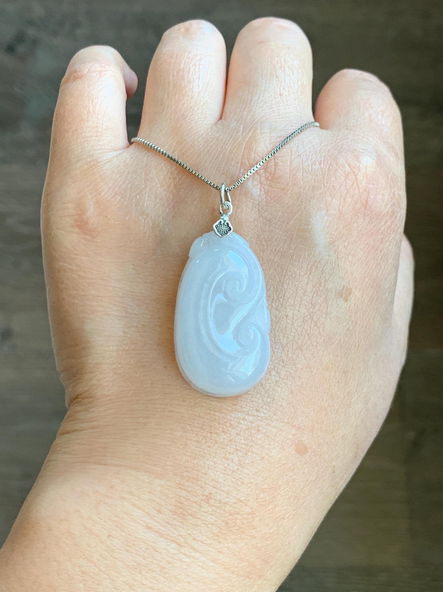 Natural Grade A Icy Translucent Gelatinous Icy White Jade Jadeite Carved Ruyi Pendant Sterling Silver 8g 天然白冰胶翡翠如意吊坠 MBR103