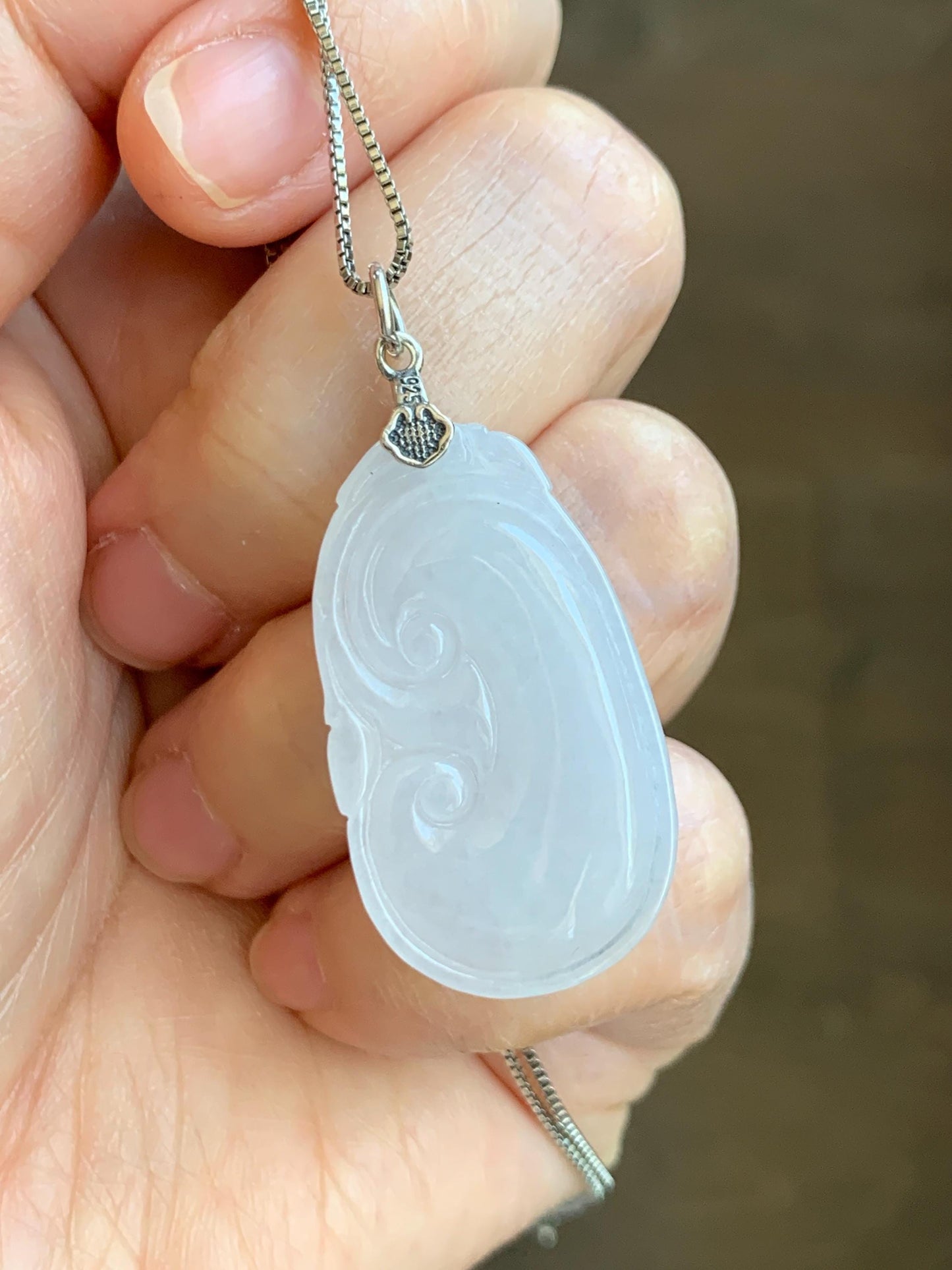 Natural Grade A Icy Translucent Gelatinous Icy White Jade Jadeite Carved Ruyi Pendant Sterling Silver 8g 天然白冰胶翡翠如意吊坠 MBR103
