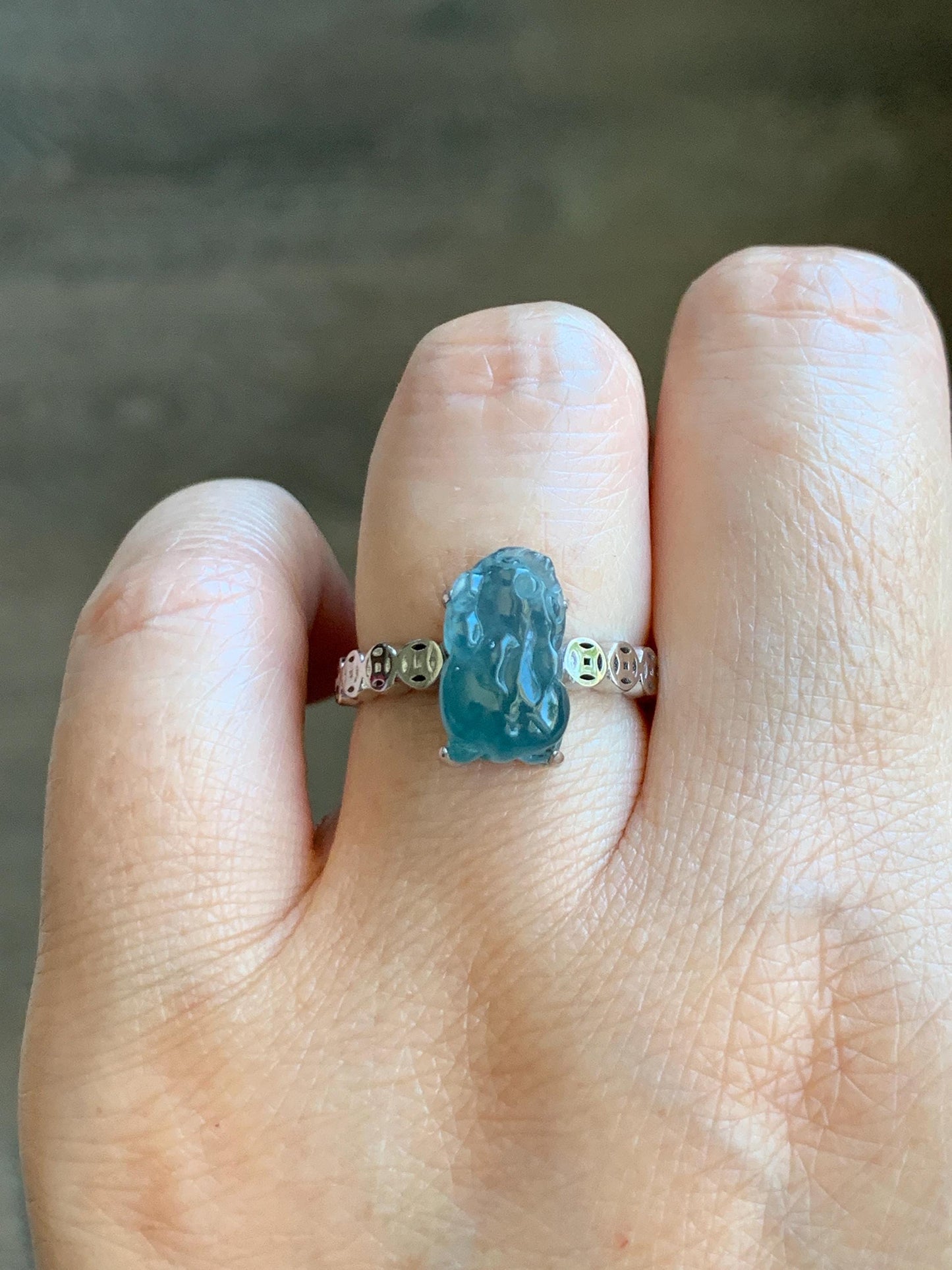 Certified Natural Grade A Guatemalan Icy Translucent Teal Green Jadeite Pixiu Ring Sterling Silver size 7.25 US 3.8g 天然冰胶危蓝绿翡翠貔貅银镶戒指 9449