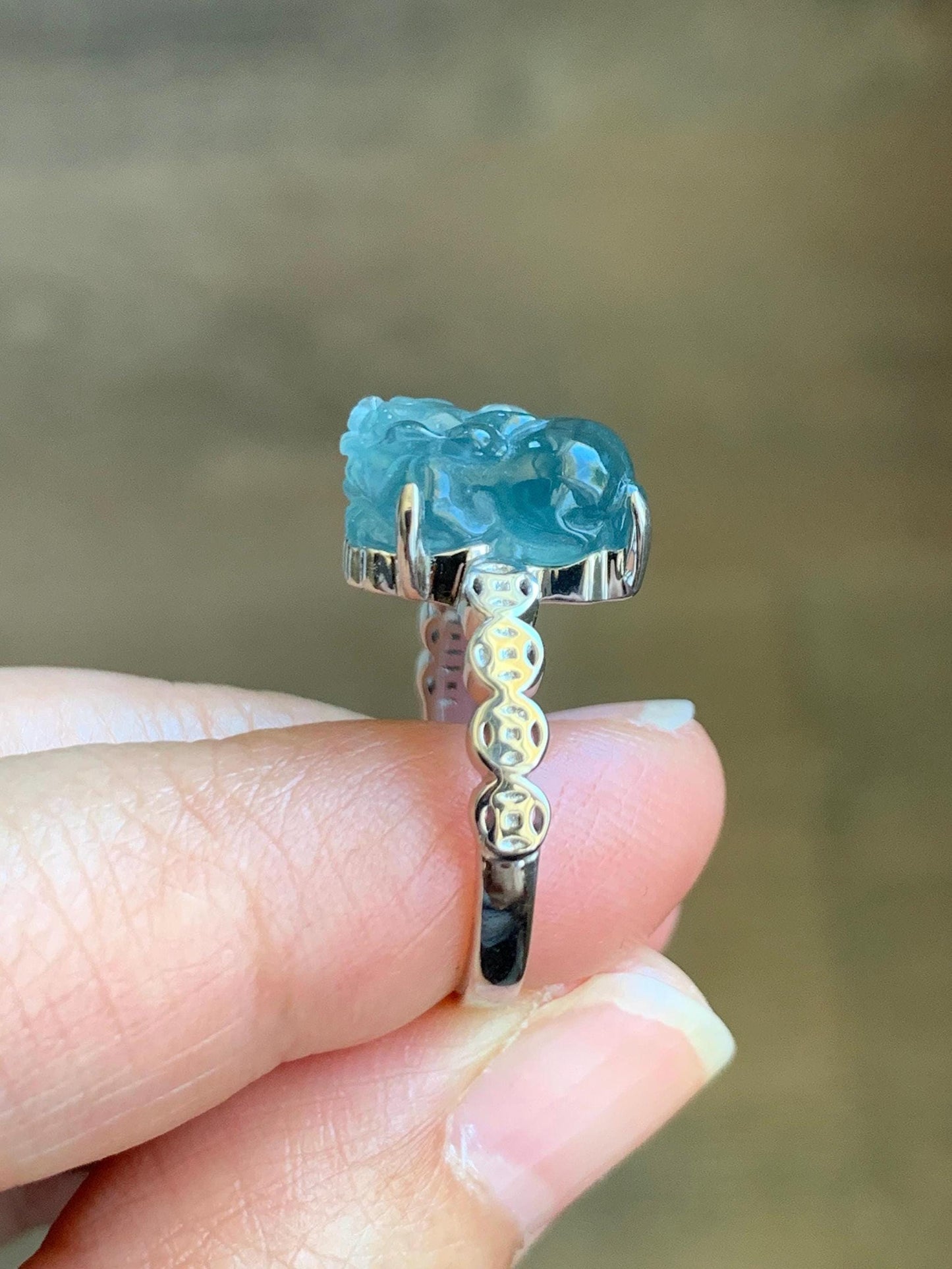 Certified Natural Grade A Guatemalan Icy Translucent Teal Green Jadeite Pixiu Ring Sterling Silver size 7.25 US 3.8g 天然冰胶危蓝绿翡翠貔貅银镶戒指 9449