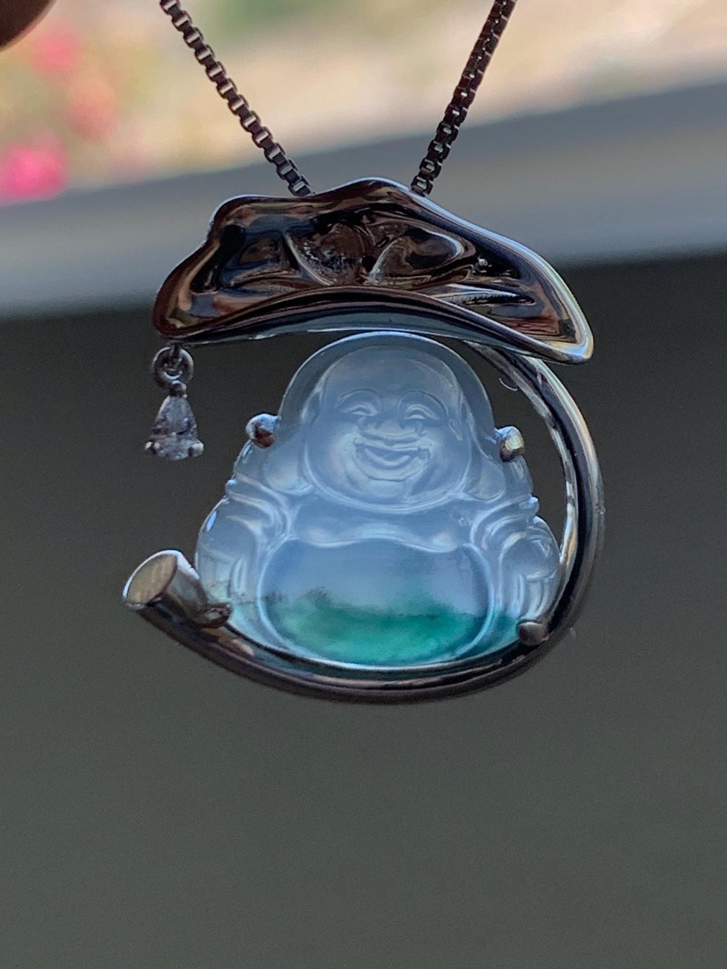 Certified Natural Grade A Icy Translucent Gelatinous White Green Marbled Jadeite Buddha Pendant Sterling Silver 4.89g 天然老种冰胶飘花翡翠佛公镶嵌吊坠 9462