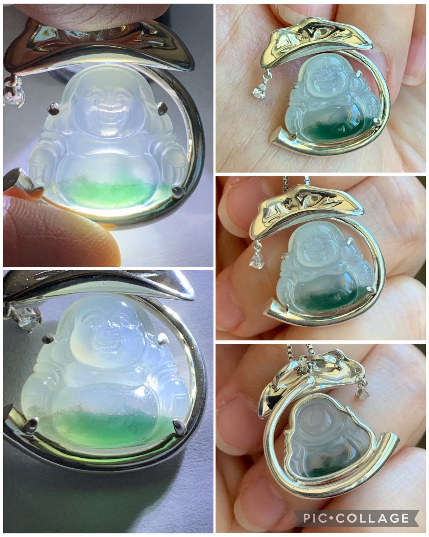 Certified Natural Grade A Icy Translucent Gelatinous White Green Marbled Jadeite Buddha Pendant Sterling Silver 4.89g 天然老种冰胶飘花翡翠佛公镶嵌吊坠 9462