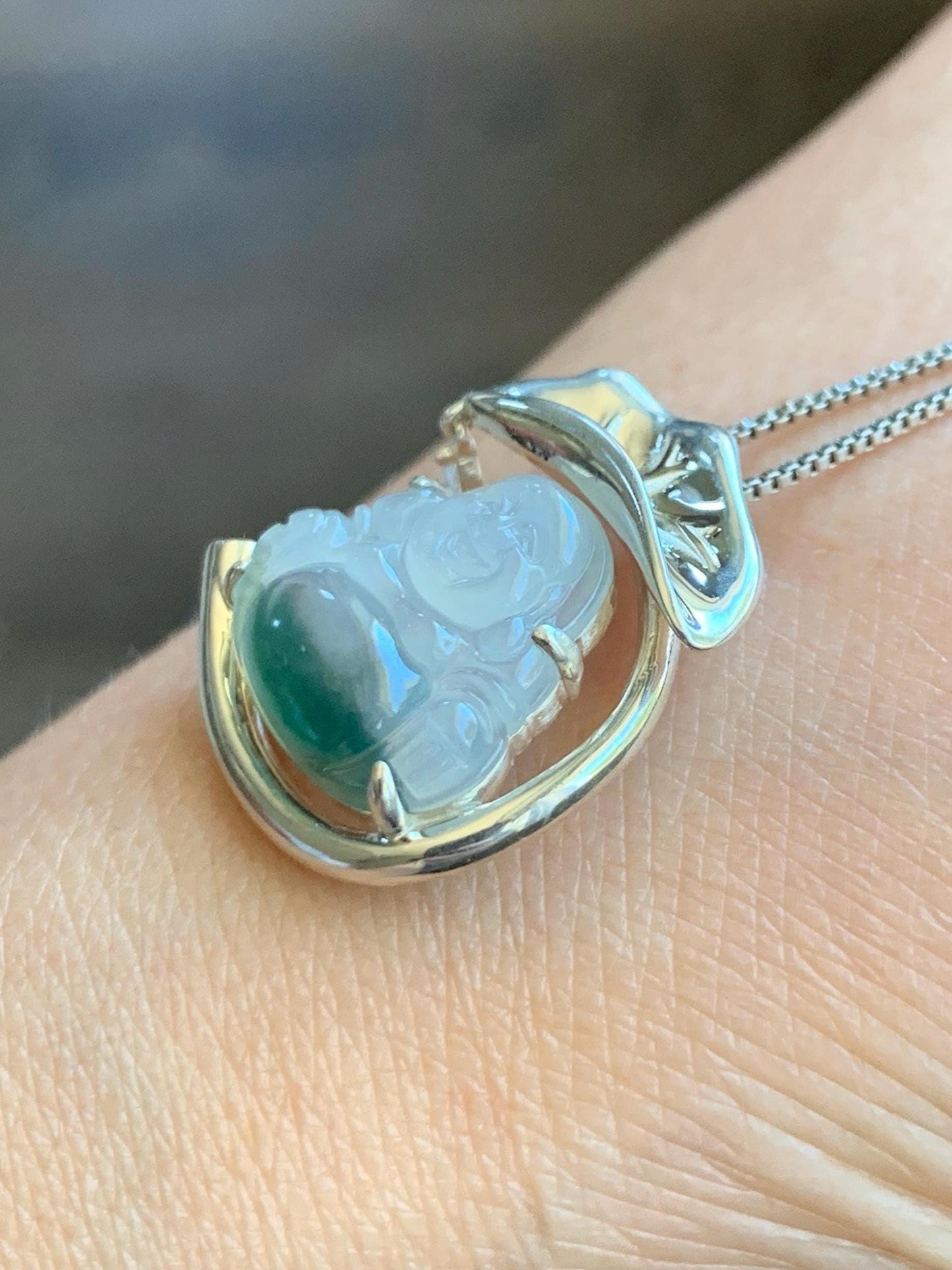 Certified Natural Grade A Icy Translucent Gelatinous White Green Marbled Jadeite Buddha Pendant Sterling Silver 4.89g 天然老种冰胶飘花翡翠佛公镶嵌吊坠 9462