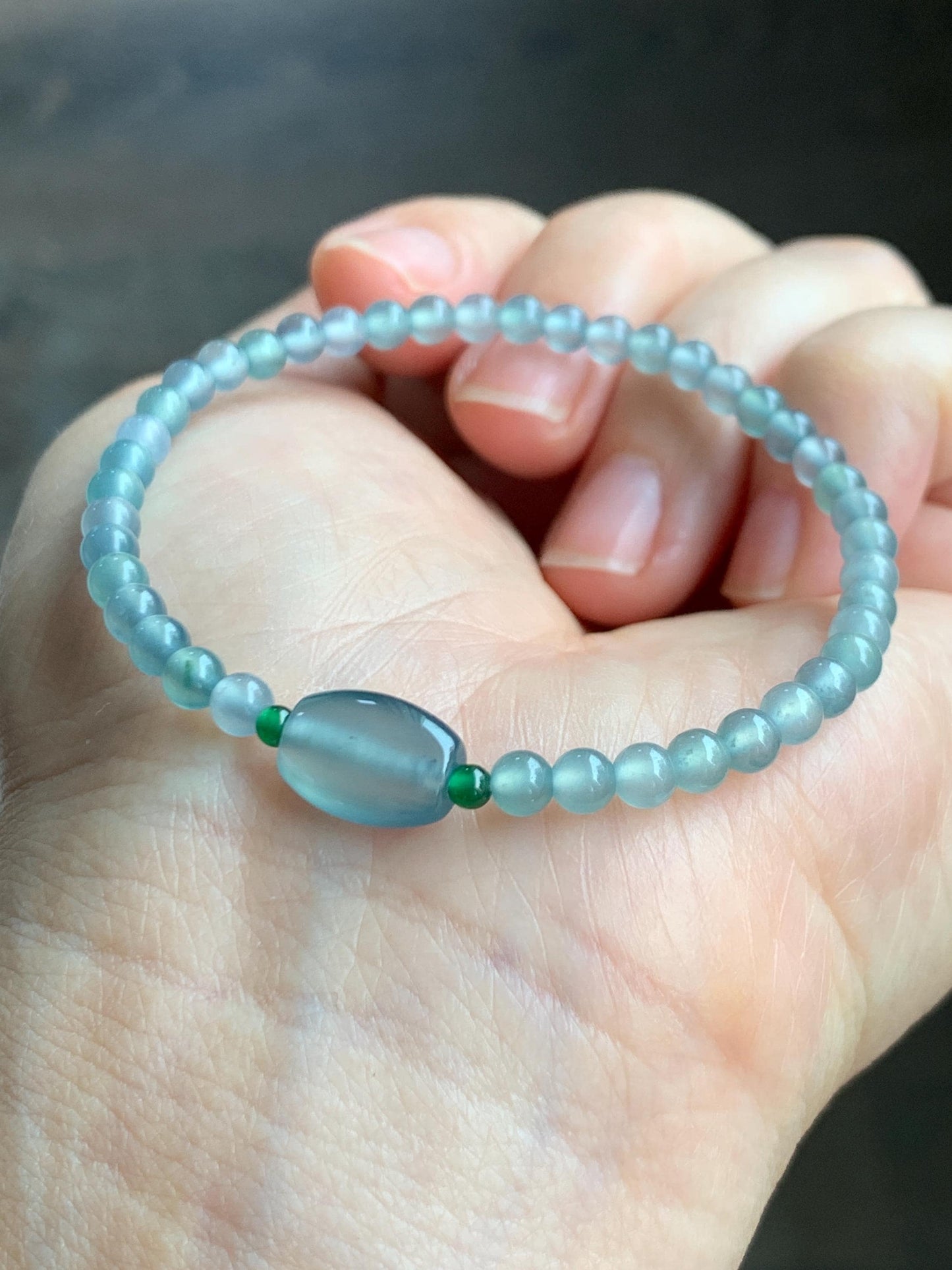 Natural Grade A Guatemalan Icy Highly Translucent Light Teal Blue Jade Jadeite Petite Beads Beaded Bracelet 6.75” 5g 天然高冰危起光蓝翡翠小珠手串 GBW188