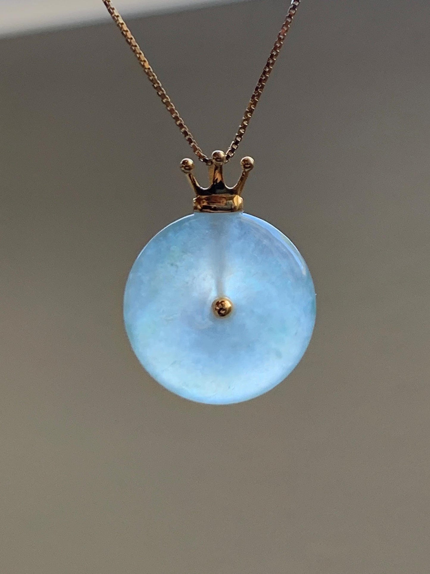Certified Natural Icy Highly Translucent Gelatinous Pastel Green Jade Jadeite Ping An Kou Donut Pendant 14K Yellow Gold 天然冰淡绿平安扣镶嵌吊坠 9434