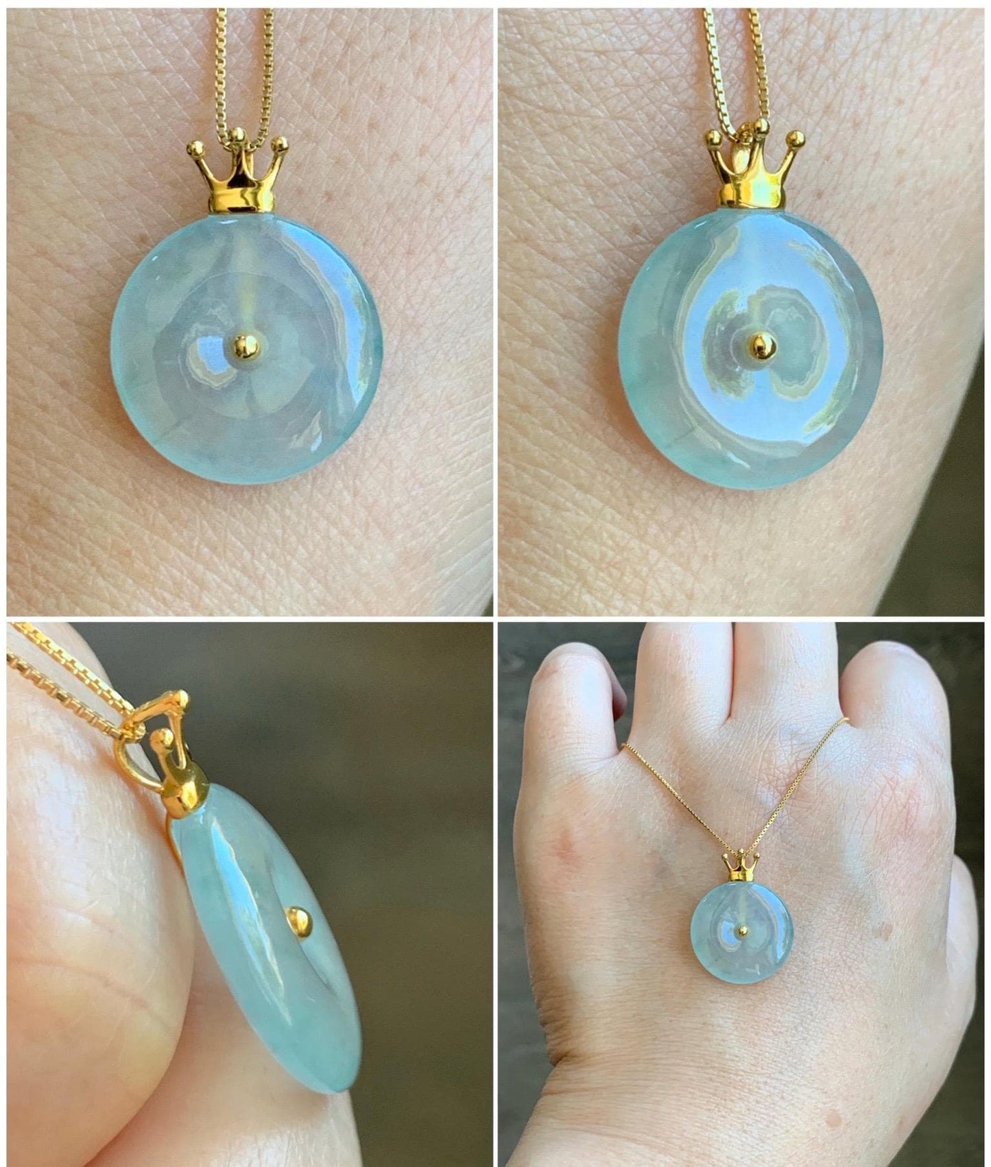 Certified Natural Icy Highly Translucent Gelatinous Pastel Green Jade Jadeite Ping An Kou Donut Pendant 14K Yellow Gold 天然冰淡绿平安扣镶嵌吊坠 9434