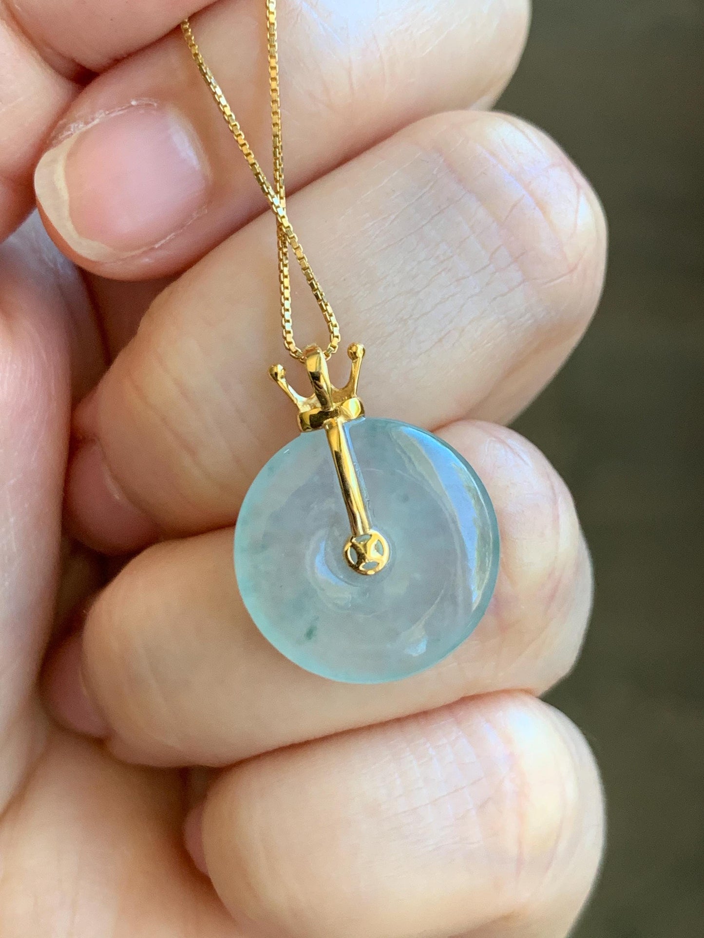 Certified Natural Icy Highly Translucent Gelatinous Pastel Green Jade Jadeite Ping An Kou Donut Pendant 14K Yellow Gold 天然冰淡绿平安扣镶嵌吊坠 9434
