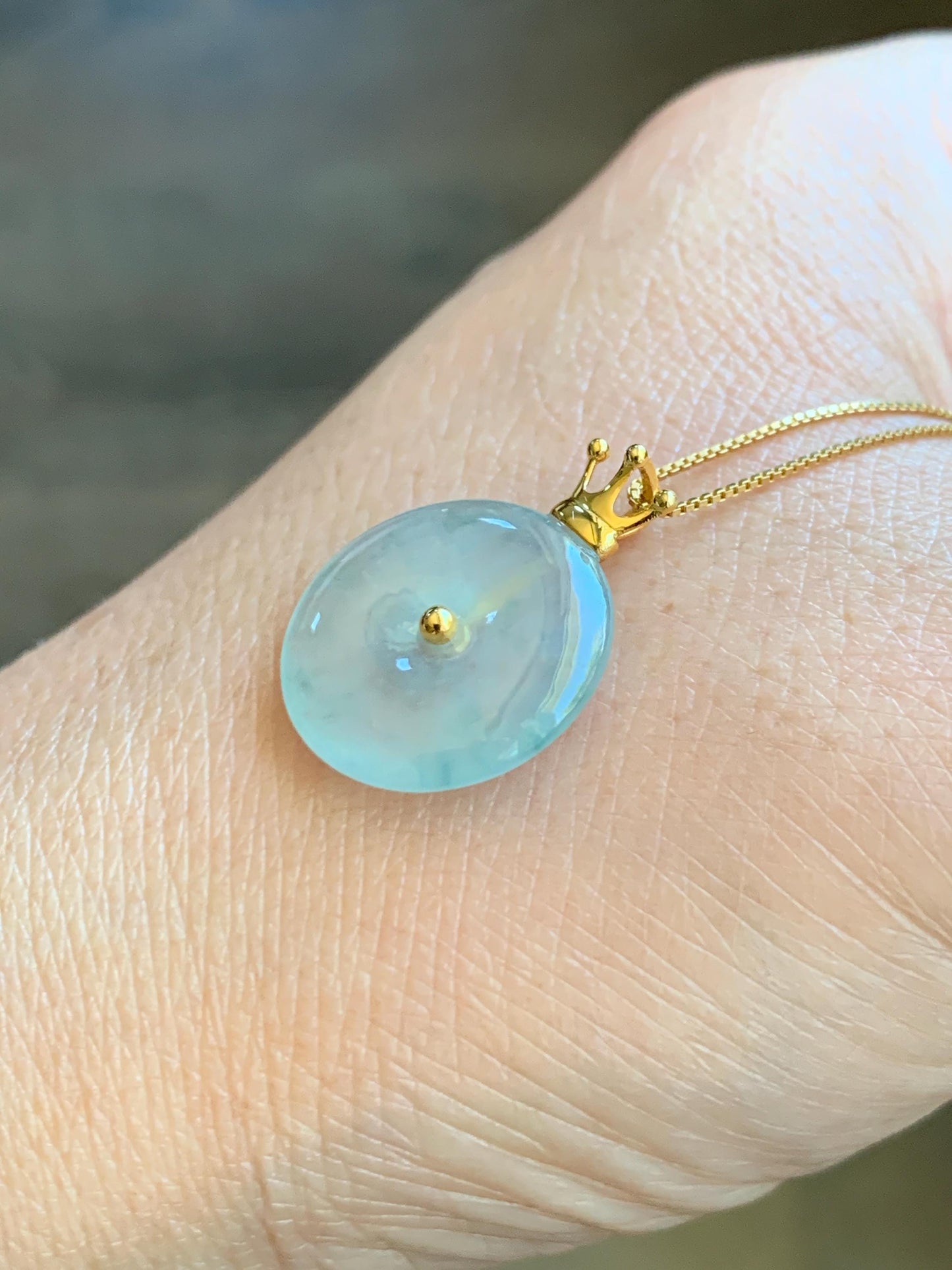 Certified Natural Icy Highly Translucent Gelatinous Pastel Green Jade Jadeite Ping An Kou Donut Pendant 14K Yellow Gold 天然冰淡绿平安扣镶嵌吊坠 9434