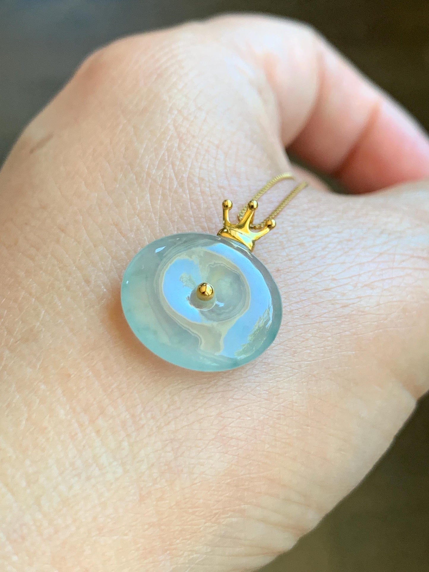 Certified Natural Icy Highly Translucent Gelatinous Pastel Green Jade Jadeite Ping An Kou Donut Pendant 14K Yellow Gold 天然冰淡绿平安扣镶嵌吊坠 9434
