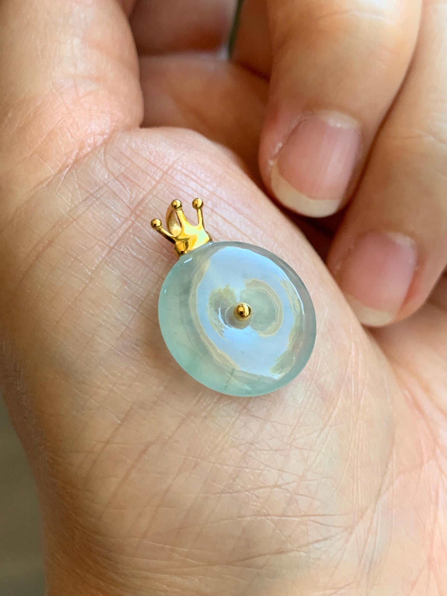 Certified Natural Icy Highly Translucent Gelatinous Pastel Green Jade Jadeite Ping An Kou Donut Pendant 14K Yellow Gold 天然冰淡绿平安扣镶嵌吊坠 9434