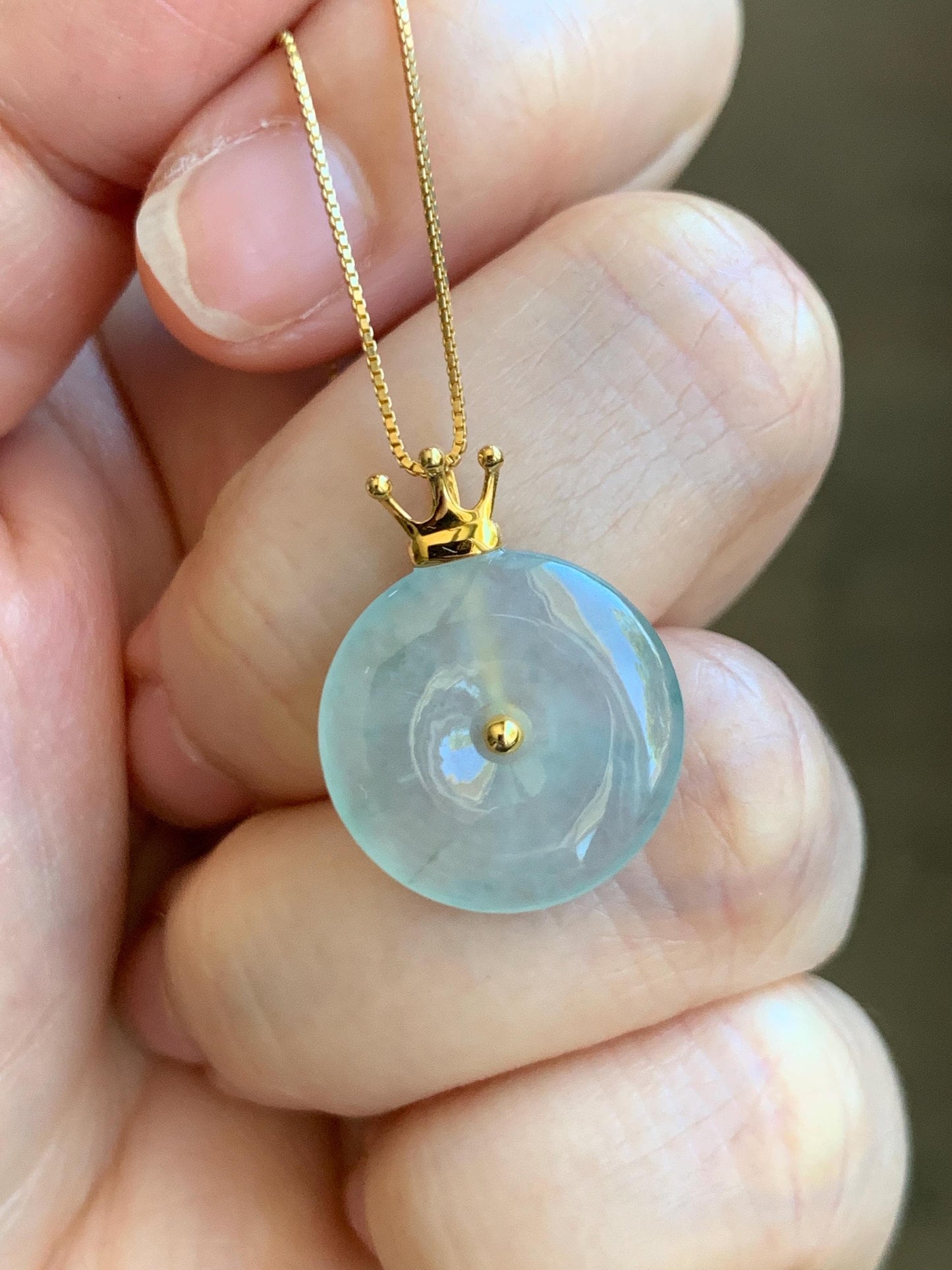 Certified Natural Icy Highly Translucent Gelatinous Pastel Green Jade Jadeite Ping An Kou Donut Pendant 14K Yellow Gold 天然冰淡绿平安扣镶嵌吊坠 9434
