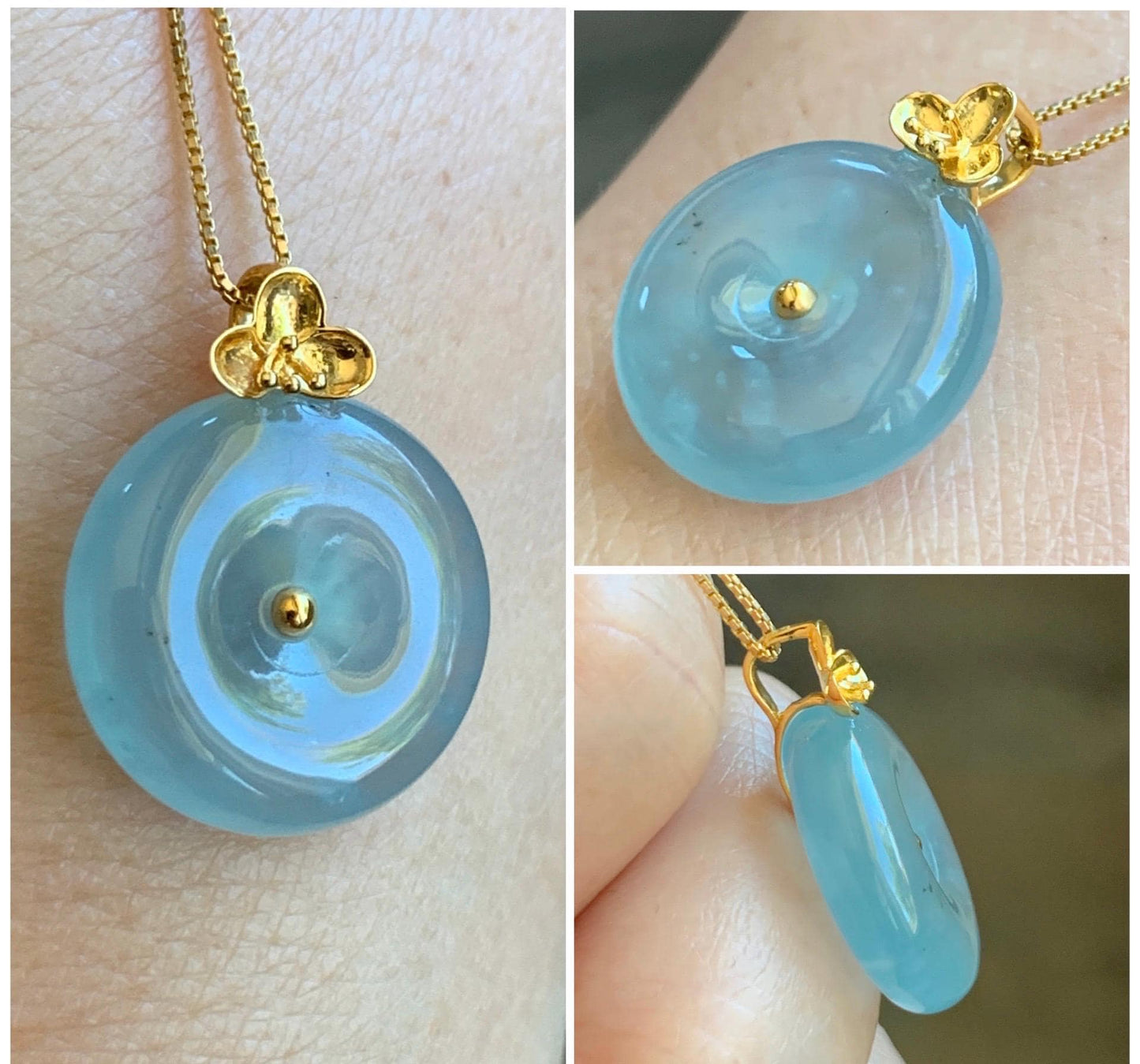 Certified Natural Guatemalan Icy Highly Translucent Light Blue Jade Jadeite Ping An Kou Donut Pendant 14K Yellow Gold 天然冰危淡蓝平安扣镶嵌吊坠 9420