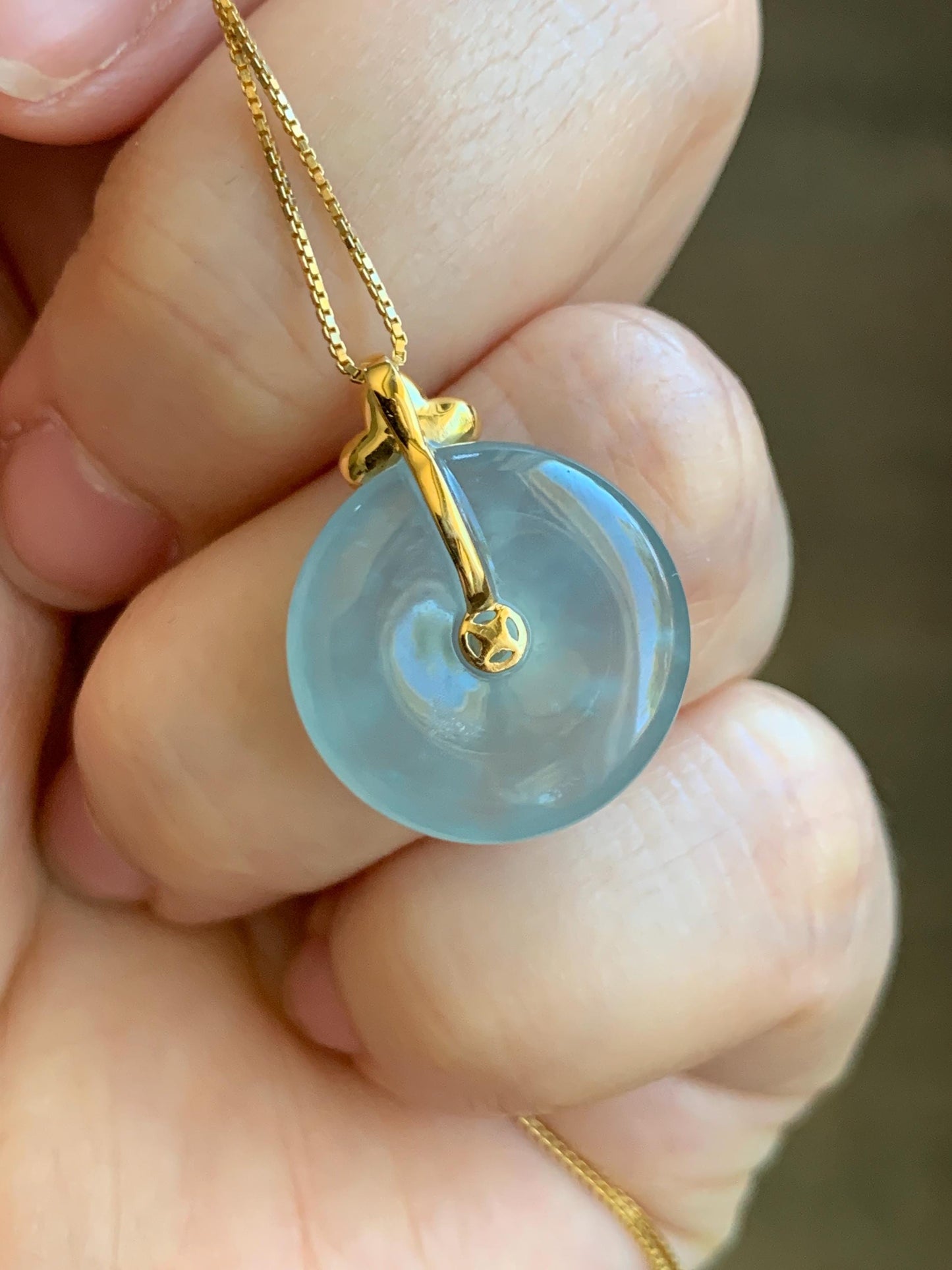 Certified Natural Guatemalan Icy Highly Translucent Light Blue Jade Jadeite Ping An Kou Donut Pendant 14K Yellow Gold 天然冰危淡蓝平安扣镶嵌吊坠 9420