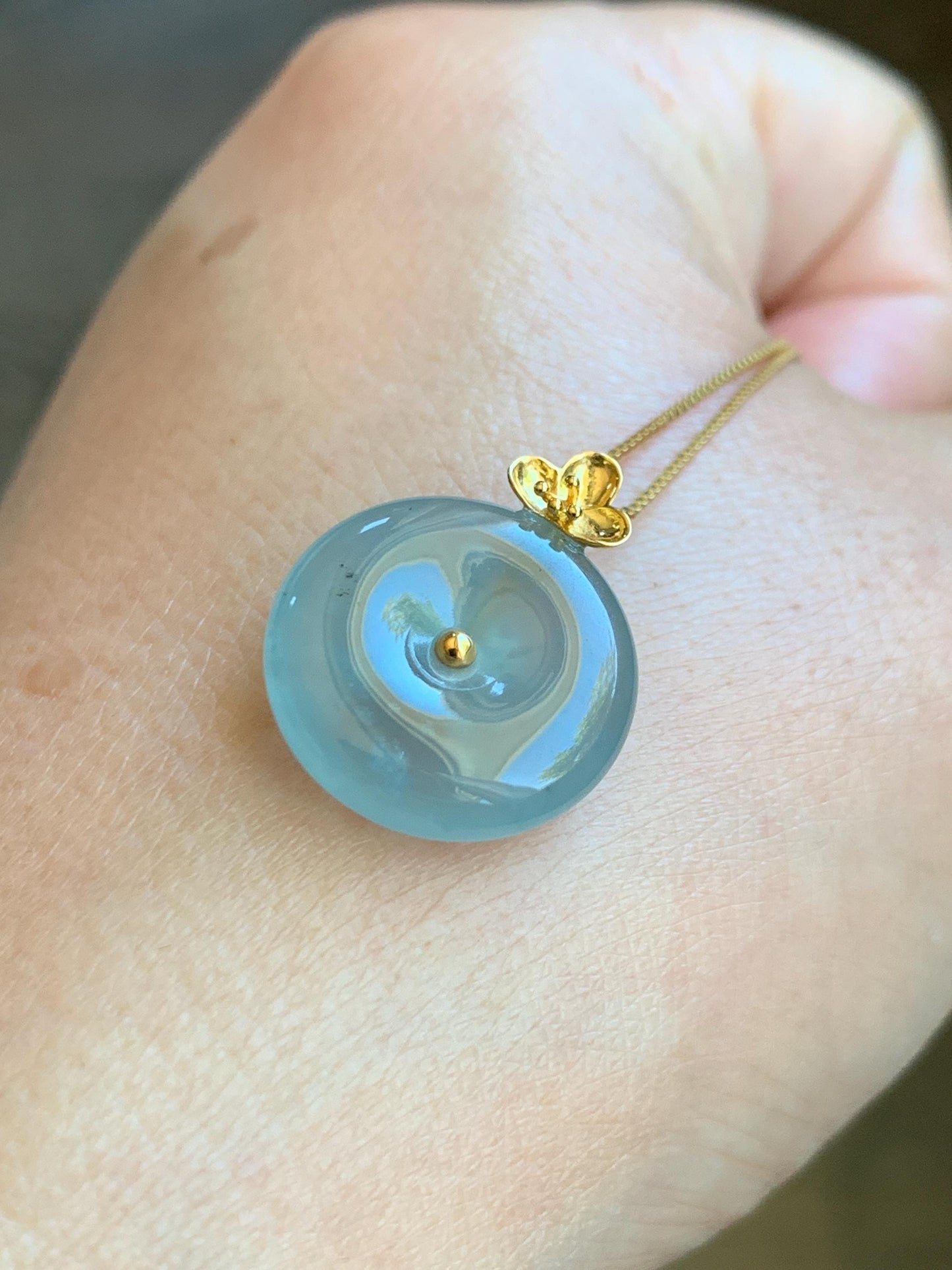 Certified Natural Guatemalan Icy Highly Translucent Light Blue Jade Jadeite Ping An Kou Donut Pendant 14K Yellow Gold 天然冰危淡蓝平安扣镶嵌吊坠 9420