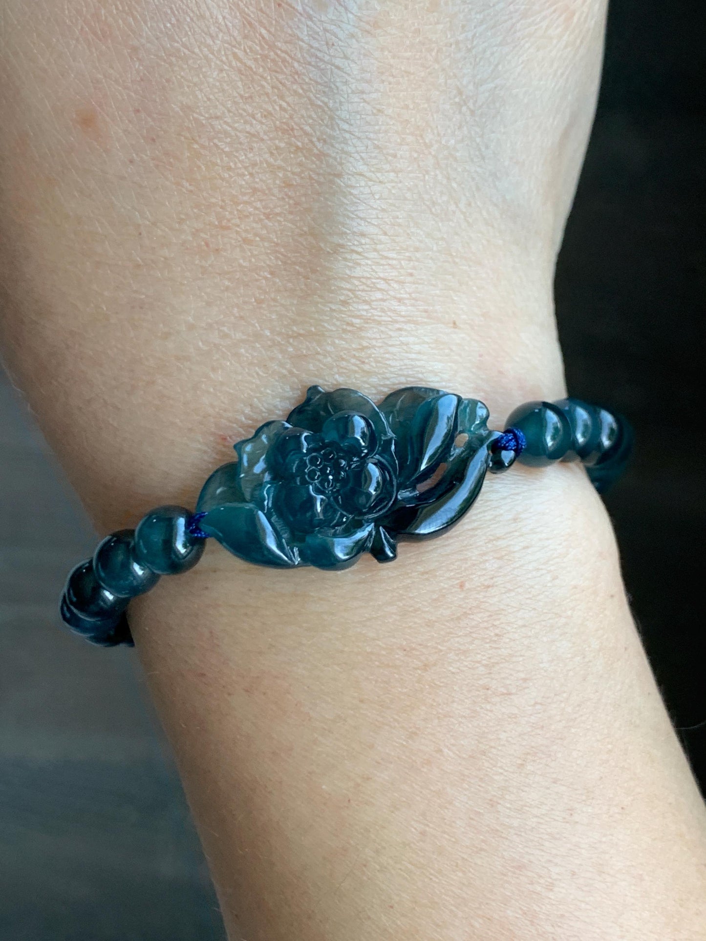 Natural Grade A Guatemalan Icy Translucent Midnight Blue Jade Jadeite Lotus Flower Beaded Bracelet 7” Sterling Silver 天然冰危深蓝翡翠莲花手串 SLH245