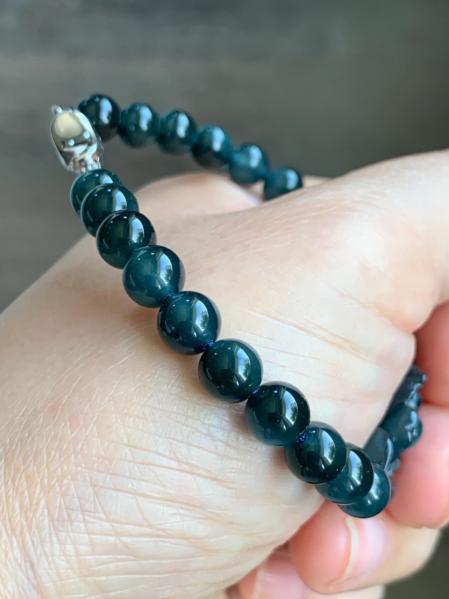Natural Grade A Guatemalan Icy Translucent Midnight Blue Jade Jadeite Lotus Flower Beaded Bracelet 7” Sterling Silver 天然冰危深蓝翡翠莲花手串 SLH245
