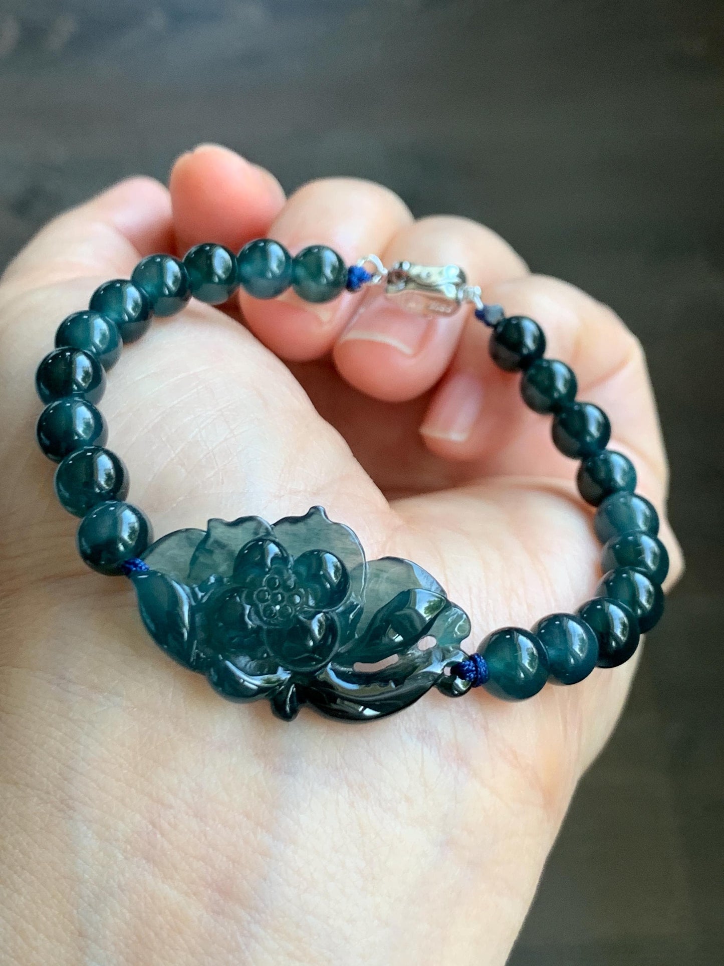 Natural Grade A Guatemalan Icy Translucent Midnight Blue Jade Jadeite Lotus Flower Beaded Bracelet 7” Sterling Silver 天然冰危深蓝翡翠莲花手串 SLH245