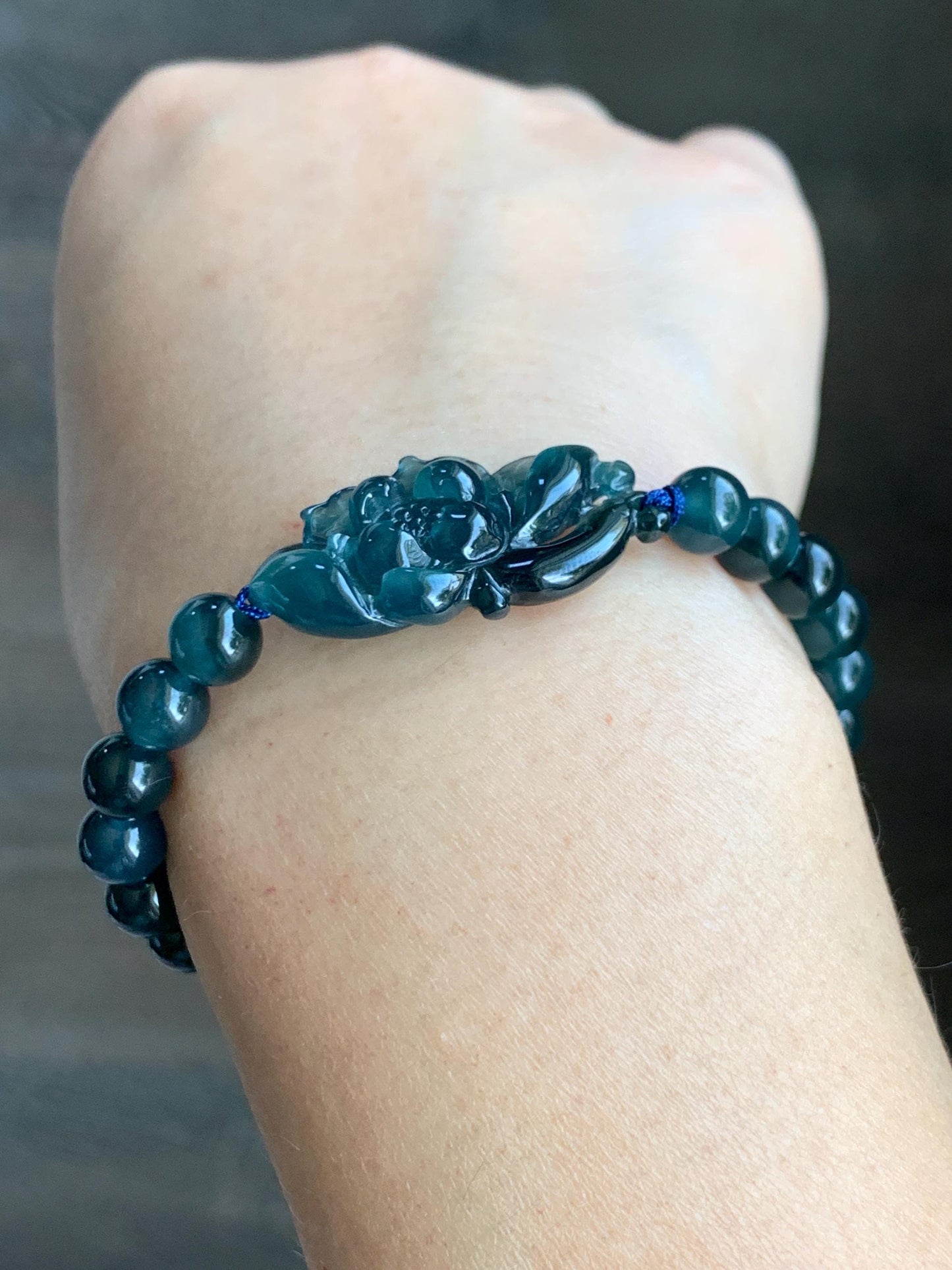 Natural Grade A Guatemalan Icy Translucent Midnight Blue Jade Jadeite Lotus Flower Beaded Bracelet 7” Sterling Silver 天然冰危深蓝翡翠莲花手串 SLH245