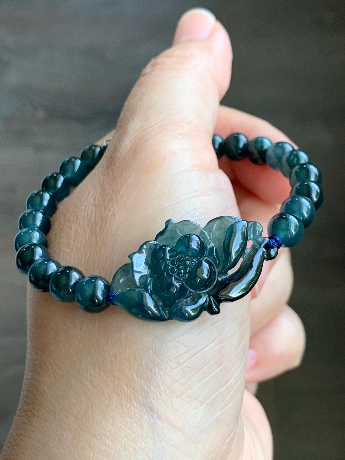 Natural Grade A Guatemalan Icy Translucent Midnight Blue Jade Jadeite Lotus Flower Beaded Bracelet 7” Sterling Silver 天然冰危深蓝翡翠莲花手串 SLH245