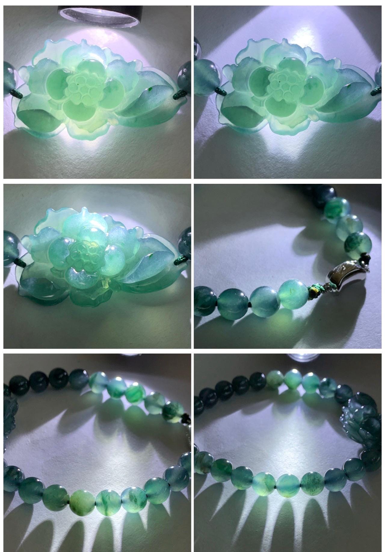 Natural Grade A Guatemalan Icy Translucent Dark Teal Blue Jade Jadeite Lotus Flower Beaded Bracelet 7” Sterling Silver 天然冰危深蓝绿翡翠莲花手串 WLL245