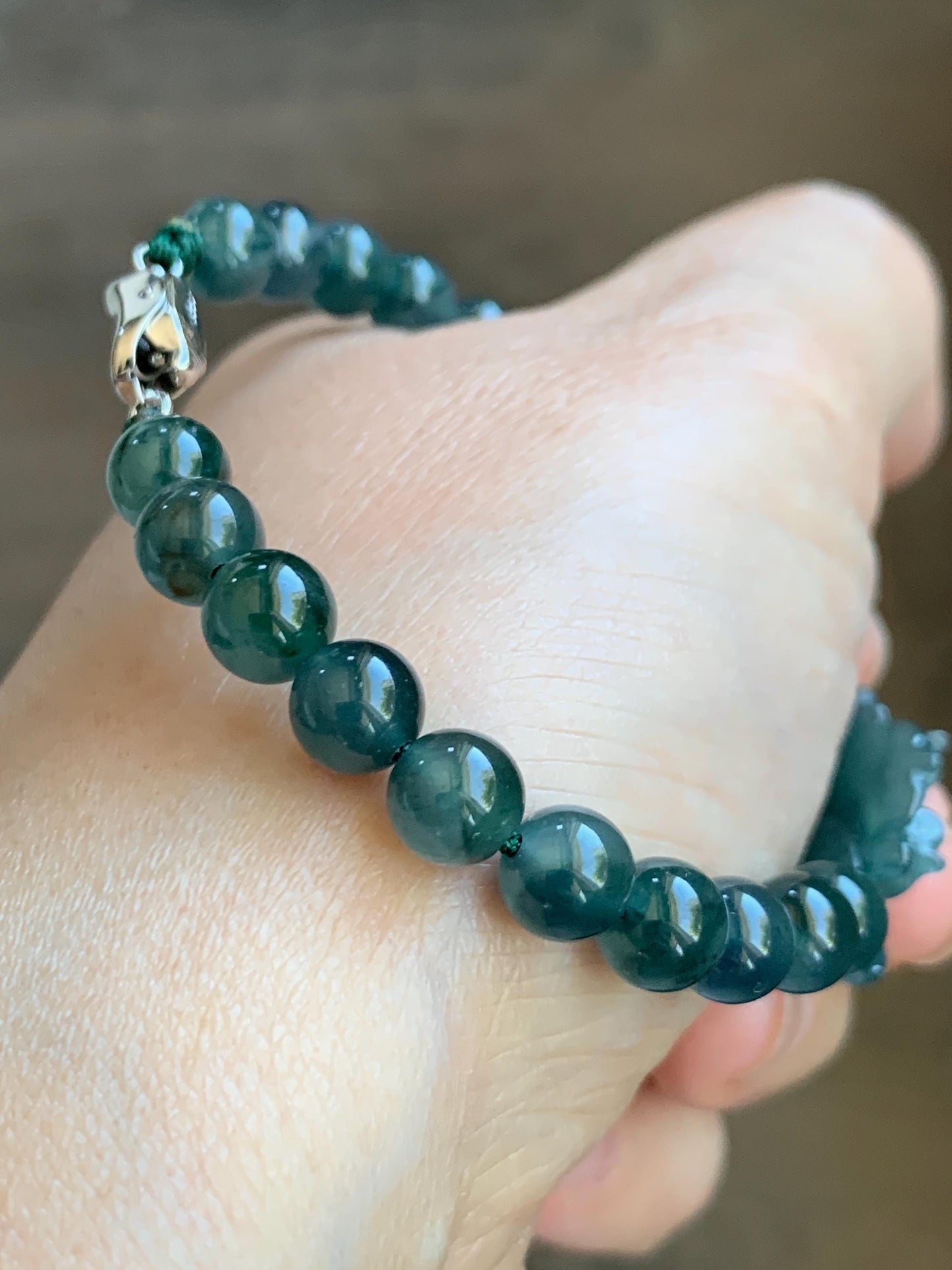 Natural Grade A Guatemalan Icy Translucent Dark Teal Blue Jade Jadeite Lotus Flower Beaded Bracelet 7” Sterling Silver 天然冰危深蓝绿翡翠莲花手串 WLL245