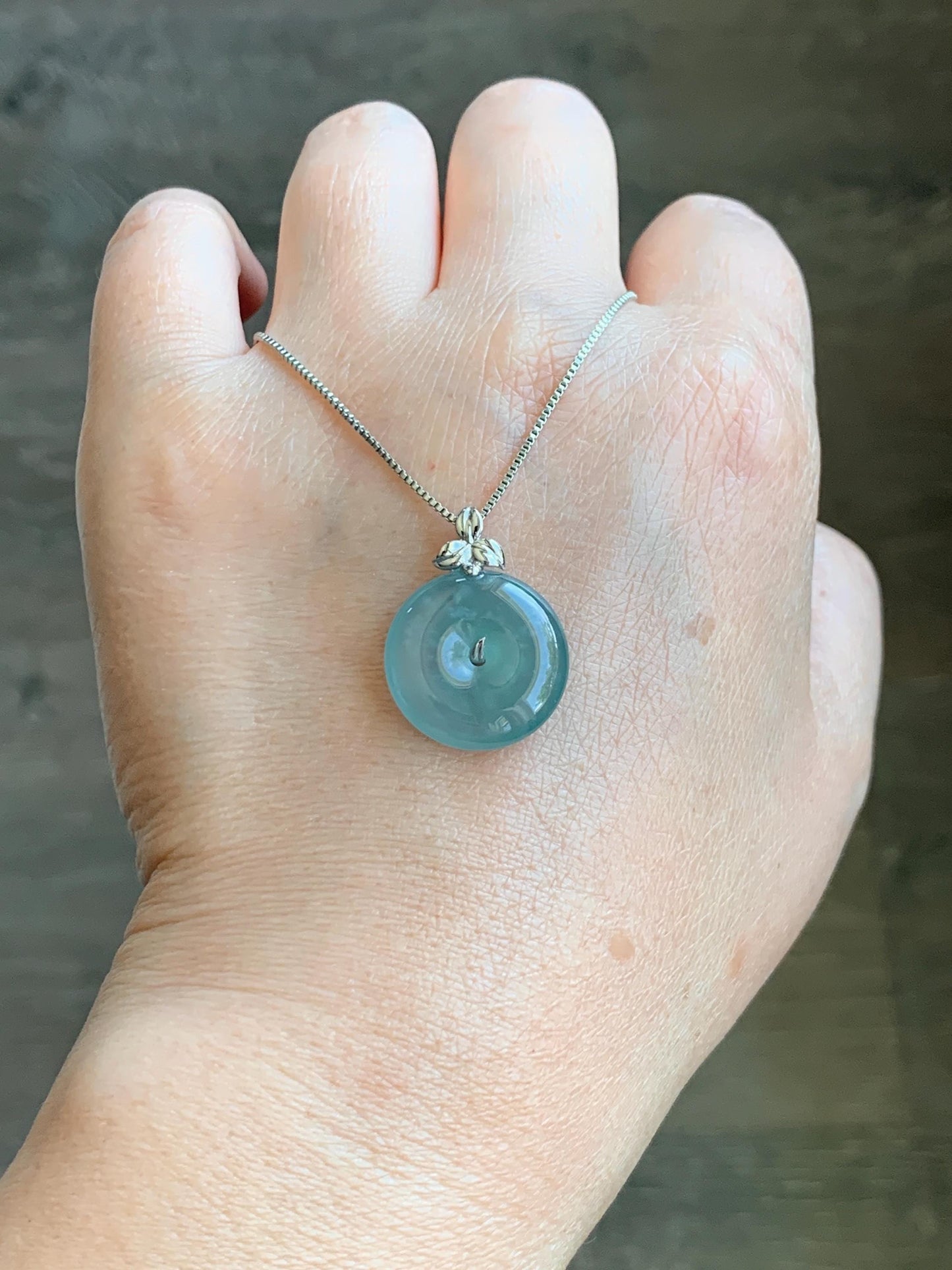 Certified Natural Guatemalan Icy Highly Translucent Light Teal Blue Jadeite Ping An Kou Donut Pendant 14K White Gold 天然冰危蓝绿平安扣镶嵌吊坠 9421