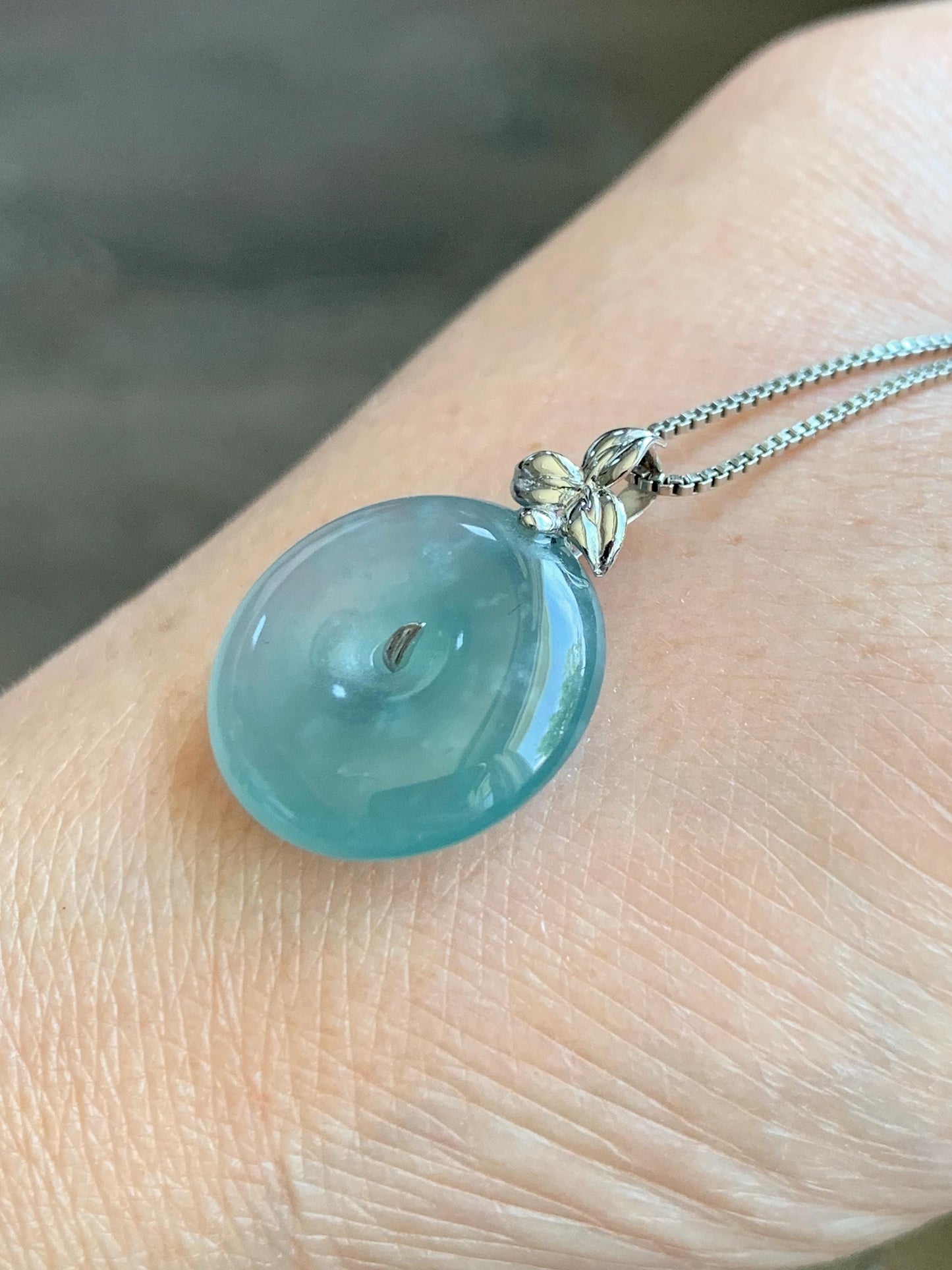Certified Natural Guatemalan Icy Highly Translucent Light Teal Blue Jadeite Ping An Kou Donut Pendant 14K White Gold 天然冰危蓝绿平安扣镶嵌吊坠 9421