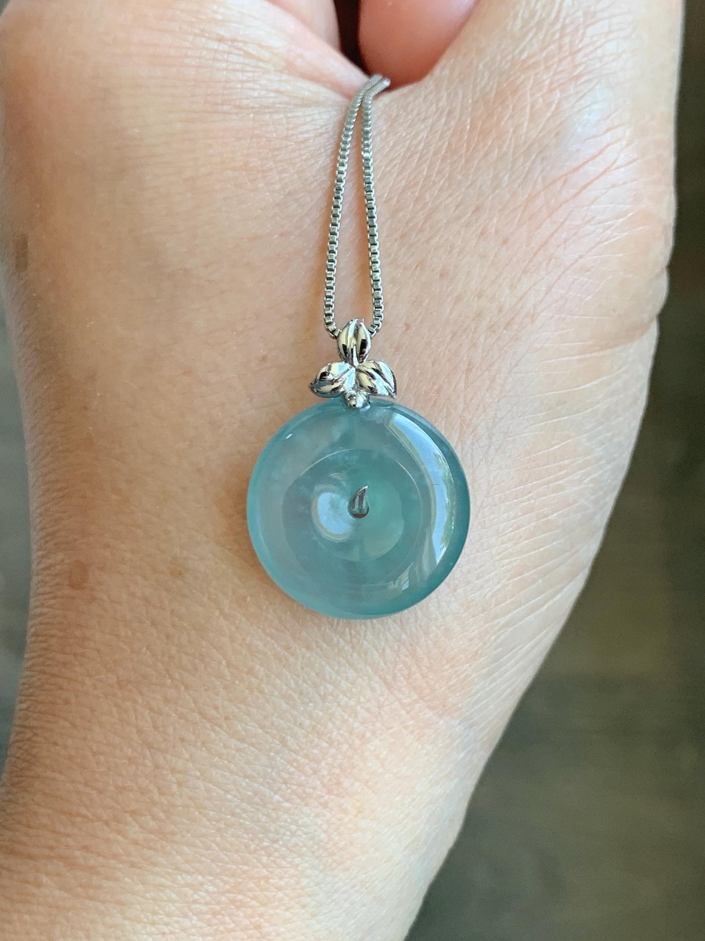 Certified Natural Guatemalan Icy Highly Translucent Light Teal Blue Jadeite Ping An Kou Donut Pendant 14K White Gold 天然冰危蓝绿平安扣镶嵌吊坠 9421