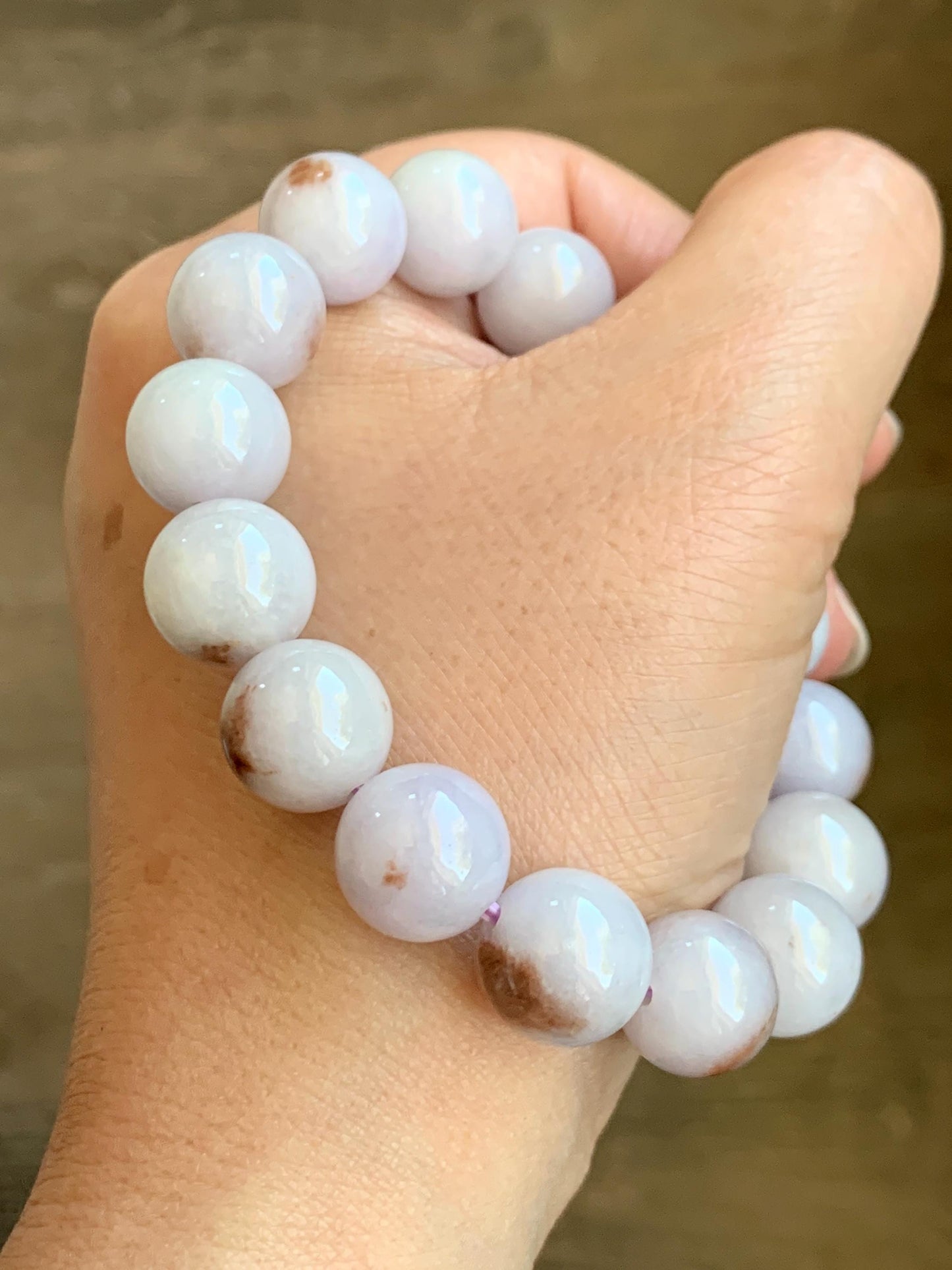Natural Grade A Icy Translucent Pastel Purple Rust Marbled Jade Jadeite Large Beads Beaded Bracelet 12.8mm 7.5” 58g 天然宝紫飘红花翡翠大卡圆珠手串 ZPH330