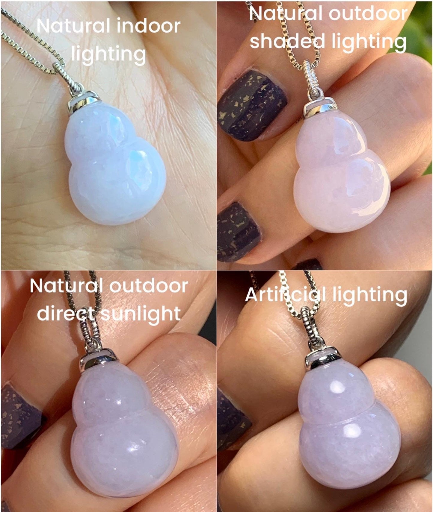 Certified Natural Grade A Icy Translucent Gelatinous Pastel Purple Jadeite Large Gourd Hulu Pendant 14K White Gold 天然老种冰淡紫翡翠葫芦镶嵌吊坠 9433