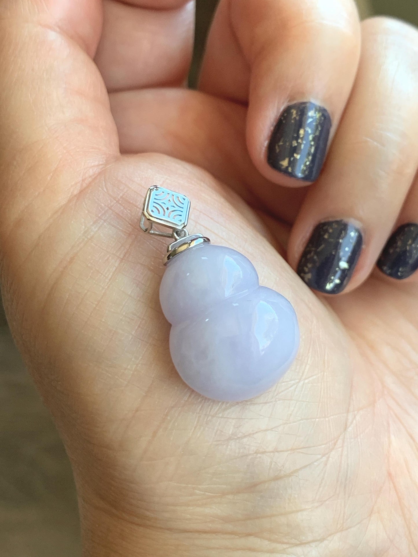 Certified Natural Grade A Icy Translucent Gelatinous Light Purple Jadeite Large Gourd Hulu Pendant 14K White Gold 8.28g 天然冰淡紫翡翠葫芦镶嵌吊坠 9451