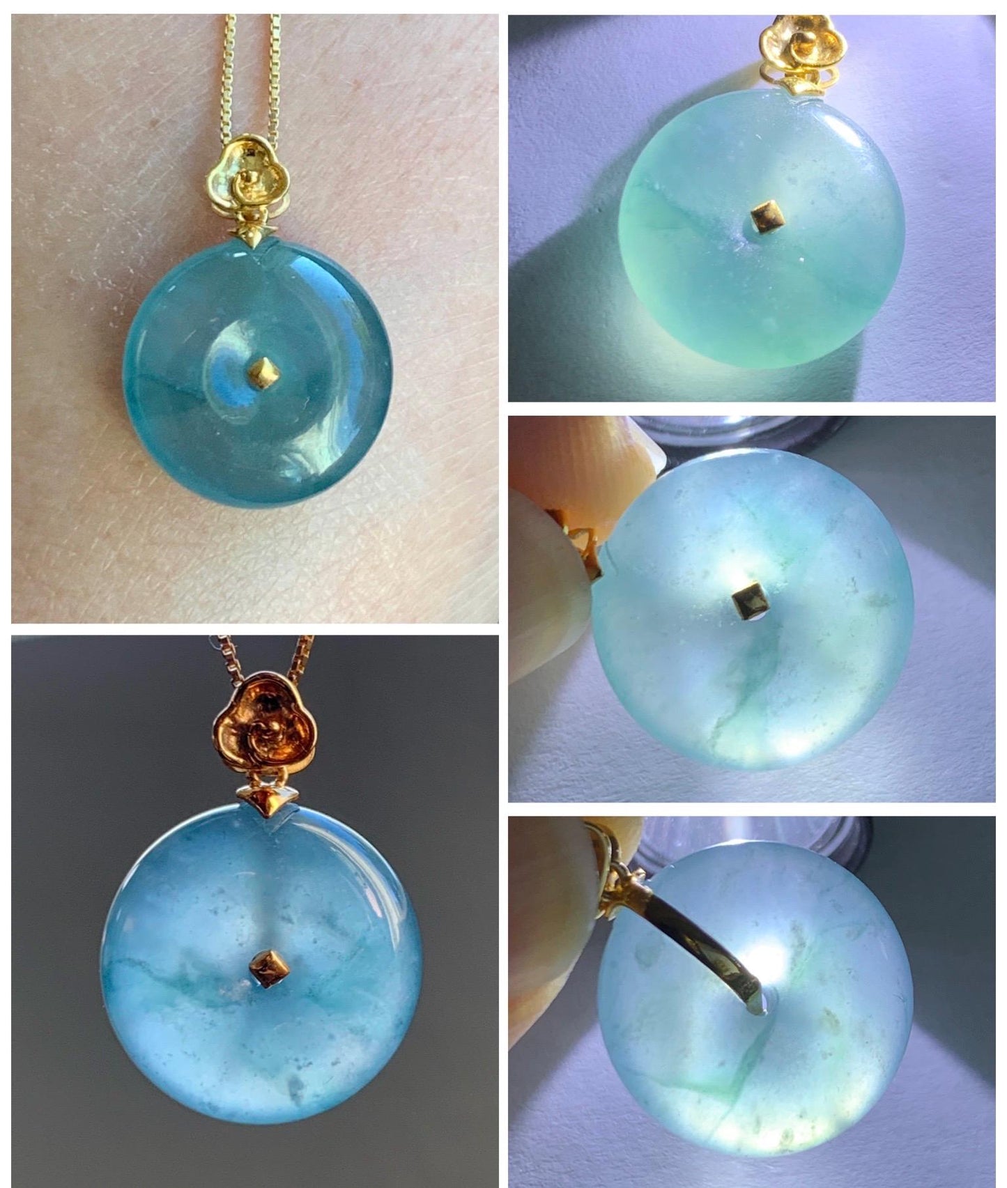 Certified Natural Grade A Guatemalan Icy Highly Translucent Teal Blue Jadeite Ping An Kou Donut Pendant 14K Yellow Gold 天然冰危蓝平安扣镶嵌吊坠 9455
