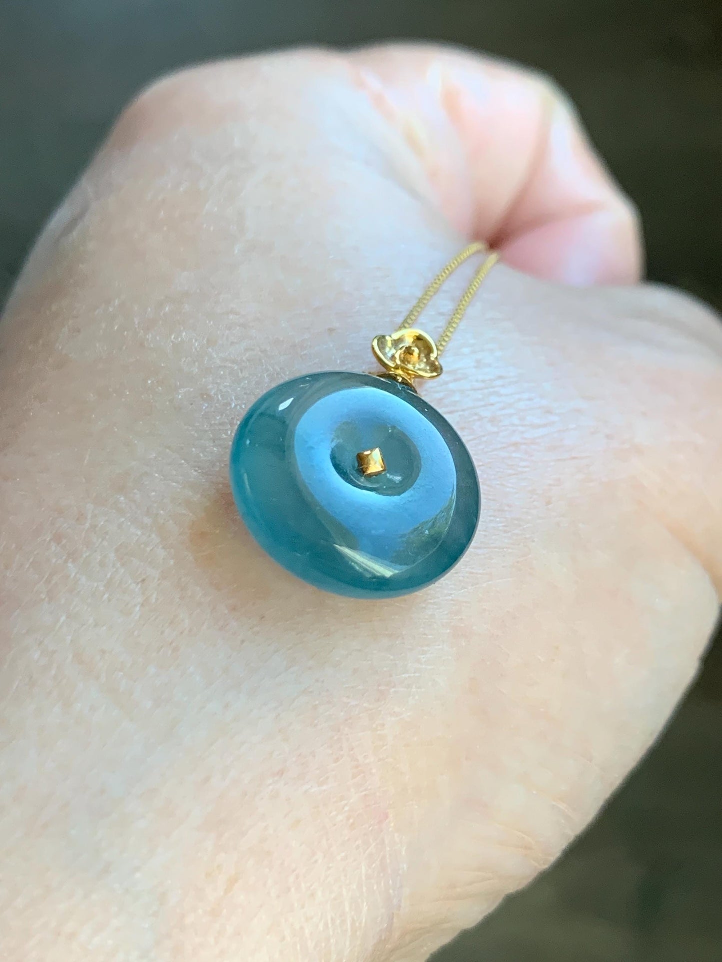 Certified Natural Grade A Guatemalan Icy Highly Translucent Teal Blue Jadeite Ping An Kou Donut Pendant 14K Yellow Gold 天然冰危蓝平安扣镶嵌吊坠 9455