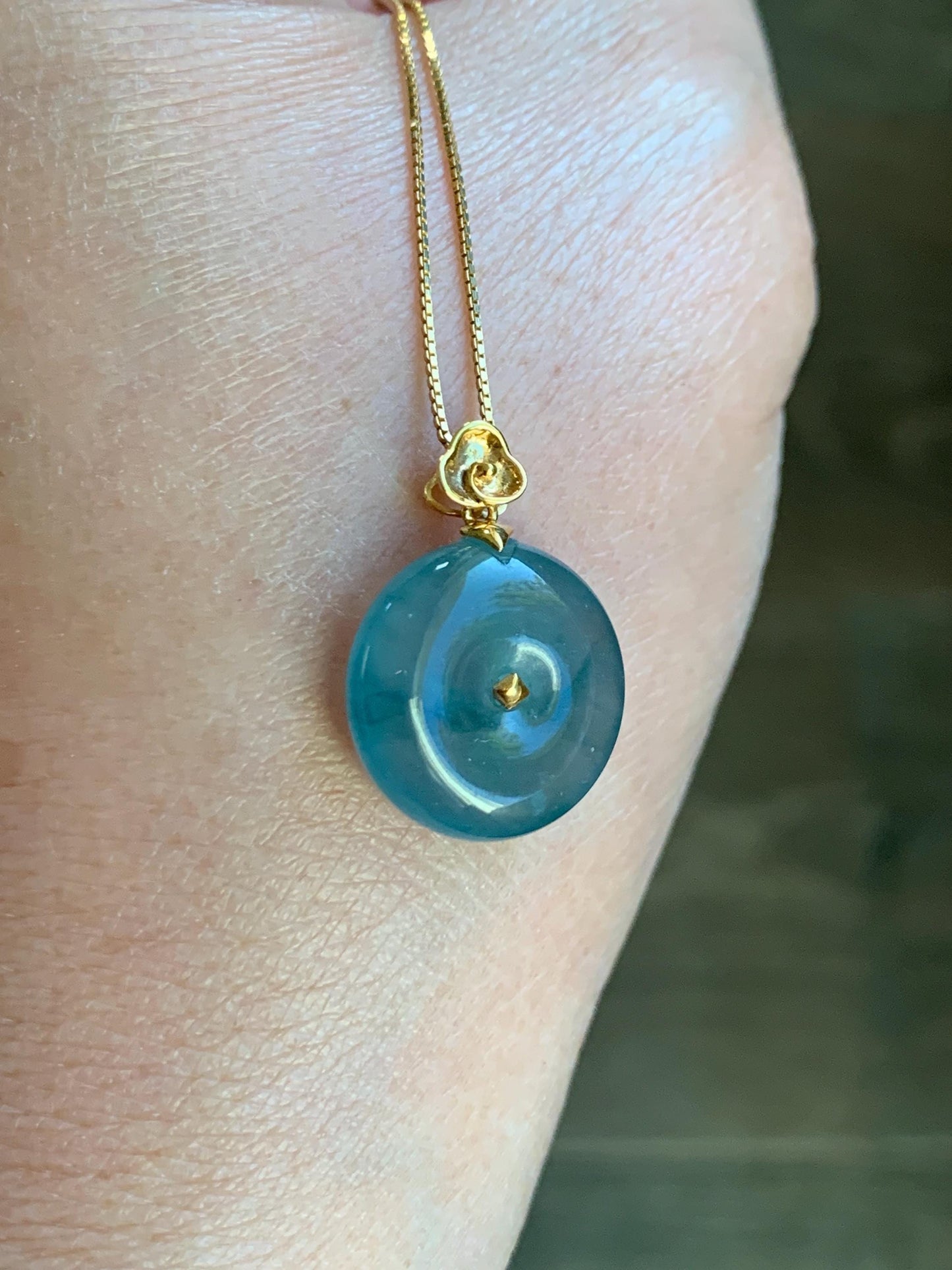Certified Natural Grade A Guatemalan Icy Highly Translucent Teal Blue Jadeite Ping An Kou Donut Pendant 14K Yellow Gold 天然冰危蓝平安扣镶嵌吊坠 9455
