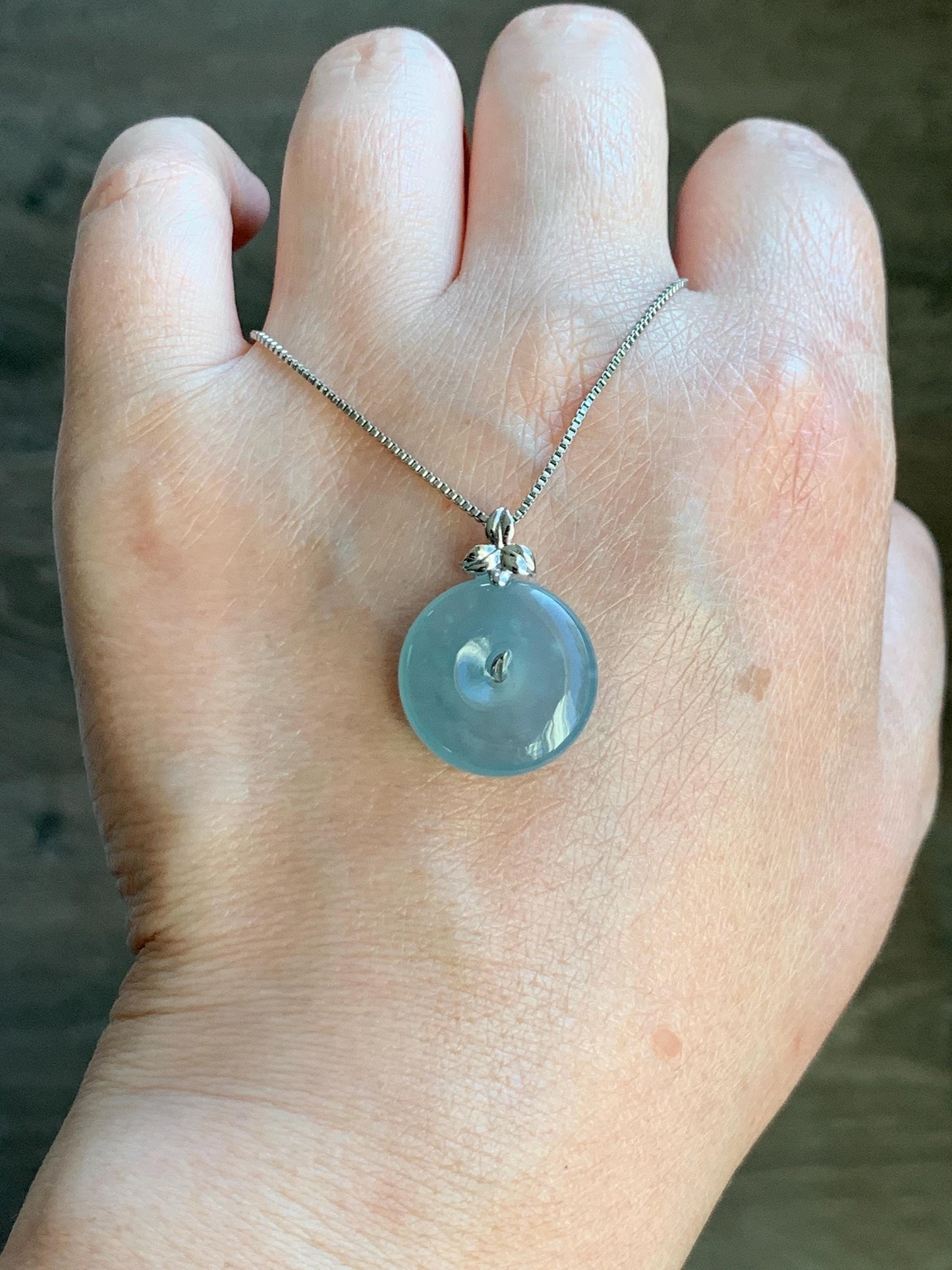 Certified Natural Guatemalan Icy Highly Translucent Light Teal Blue Jadeite Ping An Kou Donut Pendant 14K White Gold 天然冰危浅蓝绿平安扣镶嵌吊坠 9456