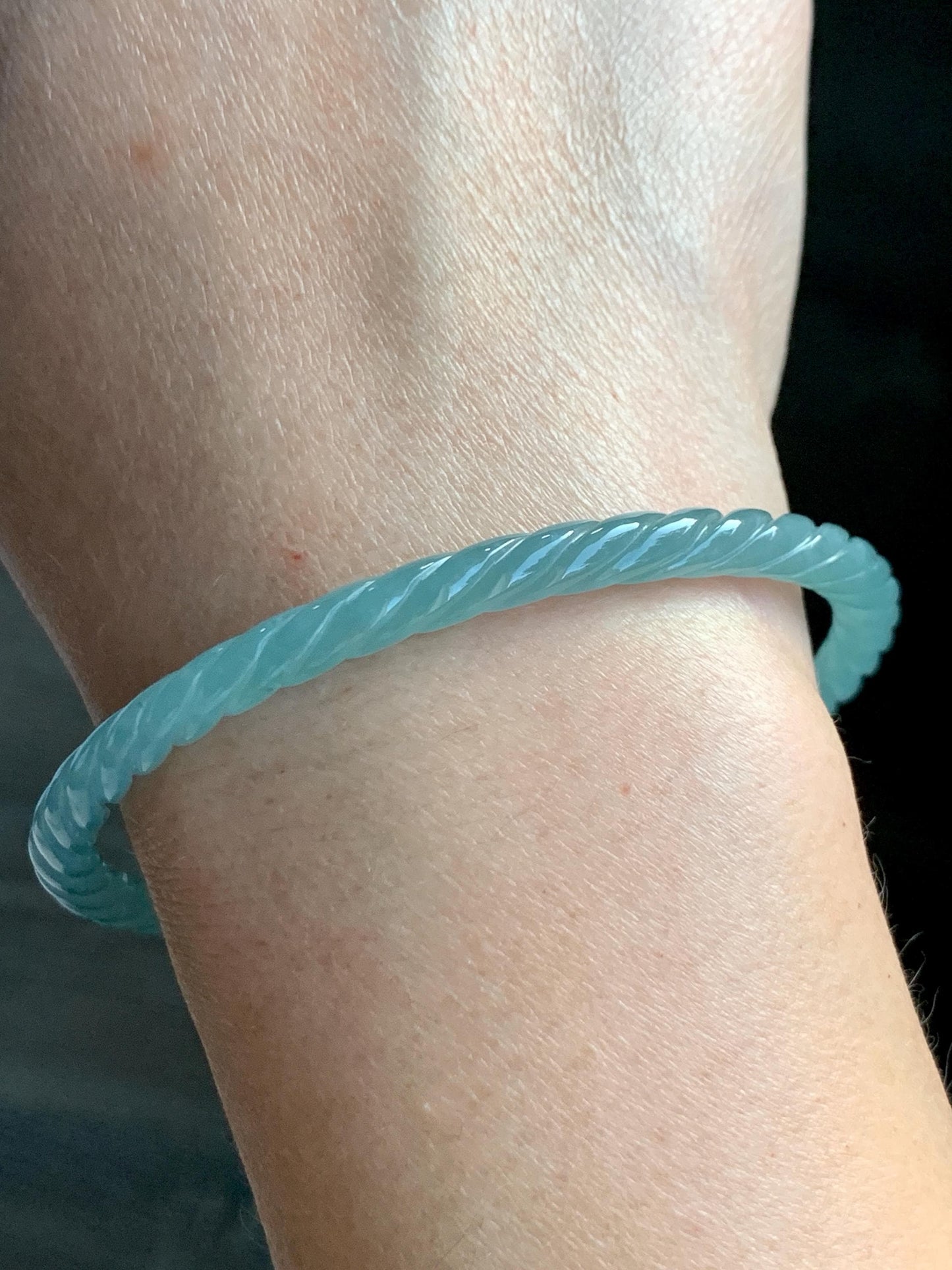Certified Natural Grade A Guatemalan Icy Translucent Gelatinous Light Teal Jade Jadeite Carved Braid Bangle 63.1mm 7.8” 天然冰胶危浅晴蓝翡翠细麻花手镯 8758
