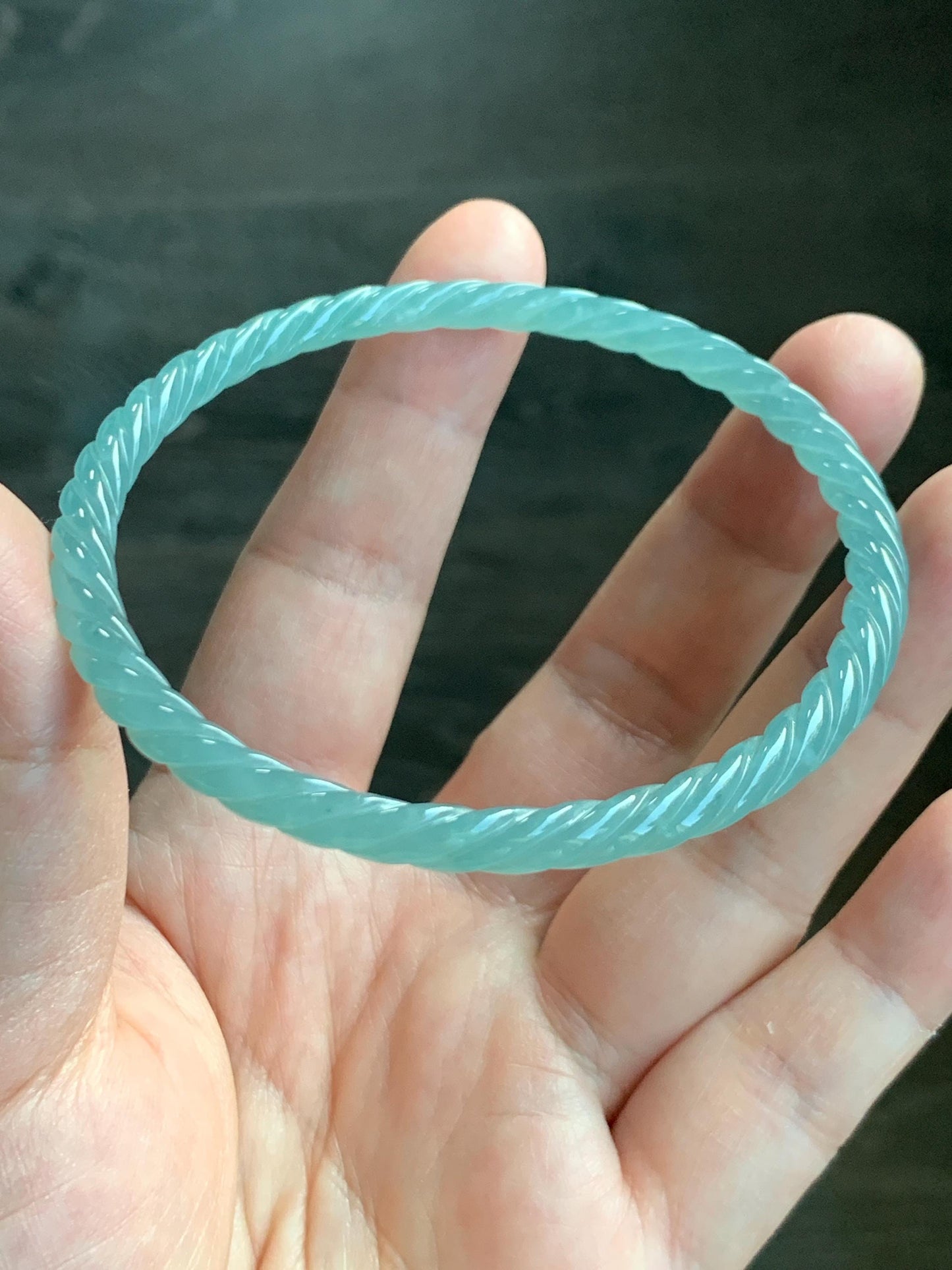 Certified Natural Grade A Guatemalan Icy Translucent Gelatinous Light Teal Jade Jadeite Carved Braid Bangle 63.1mm 7.8” 天然冰胶危浅晴蓝翡翠细麻花手镯 8758