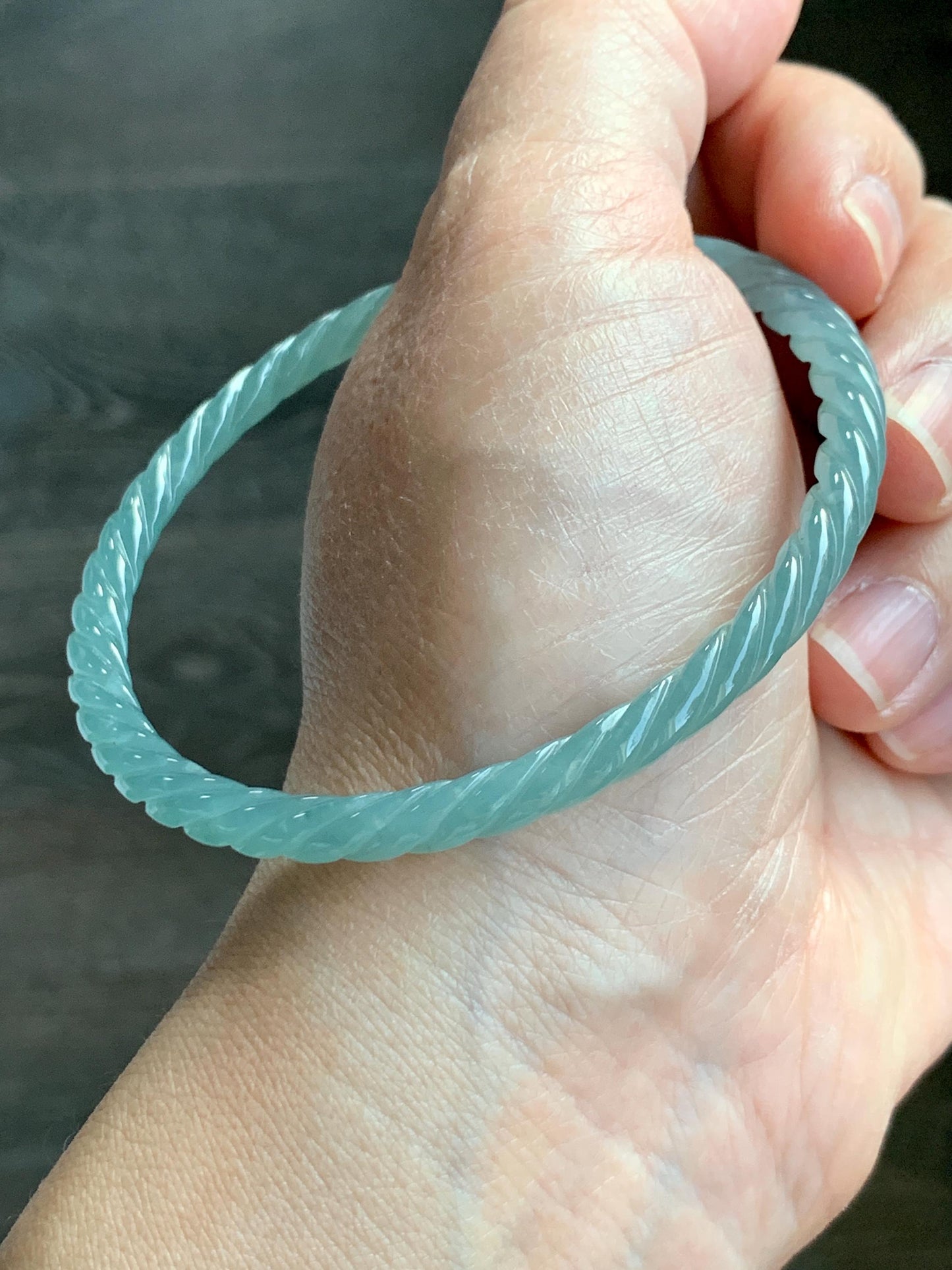 Certified Natural Grade A Guatemalan Icy Translucent Gelatinous Light Teal Jade Jadeite Carved Braid Bangle 63.1mm 7.8” 天然冰胶危浅晴蓝翡翠细麻花手镯 8758