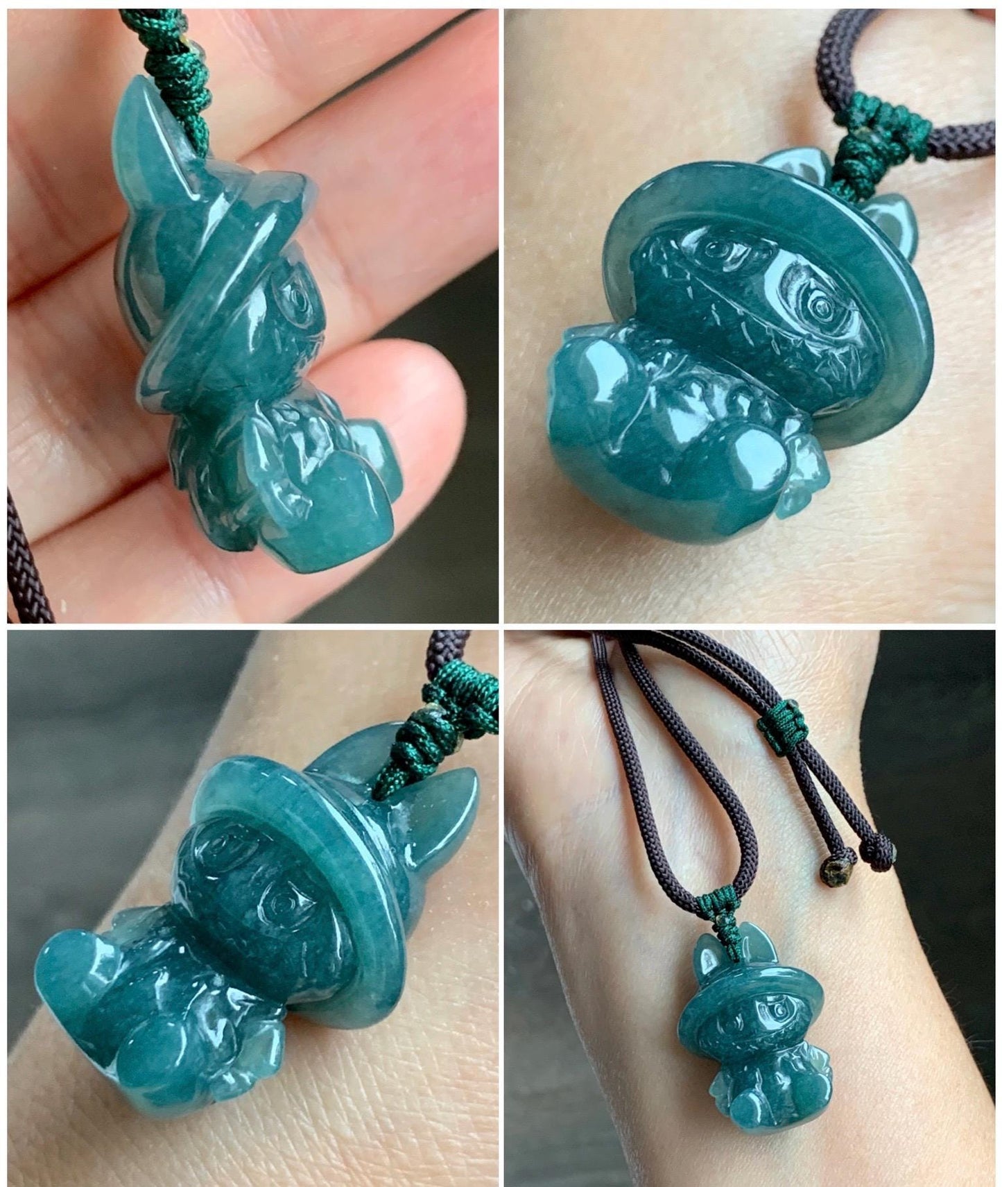 Natural Grade A Guatemalan Icy Translucent Dark Teal Blue Jade Jadeite Carved Monster Plush Pendant Rope Necklace 26” 天然冰胶危深蓝绿翡翠吊坠 LBB88