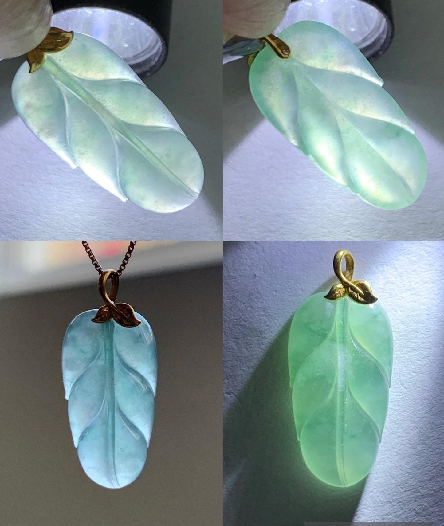 Natural Grade A Icy Highly Translucent Light Green Marbled Jade Jadeite Carved Leaf Petite Pendant 18K Yellow Gold 天然冰起光飘花翡翠大叶有成镶嵌小吊坠 XMY280