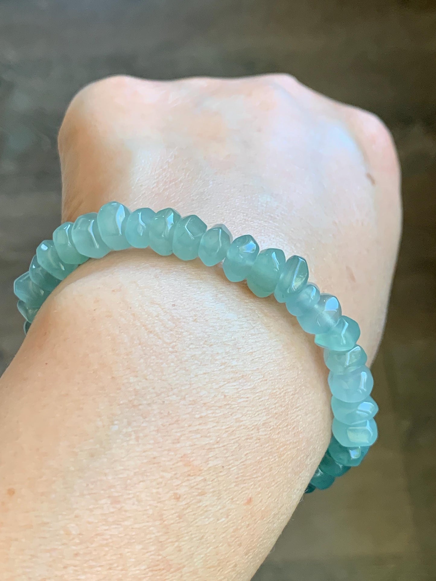 Natural Grade A Guatemalan Icy Highly Translucent Light Teal Jadeite Pomegranate Nugget Beads Beaded Bracelet 6.75” 天然冰危浅蓝绿翡翠随形珠手串 WSS350