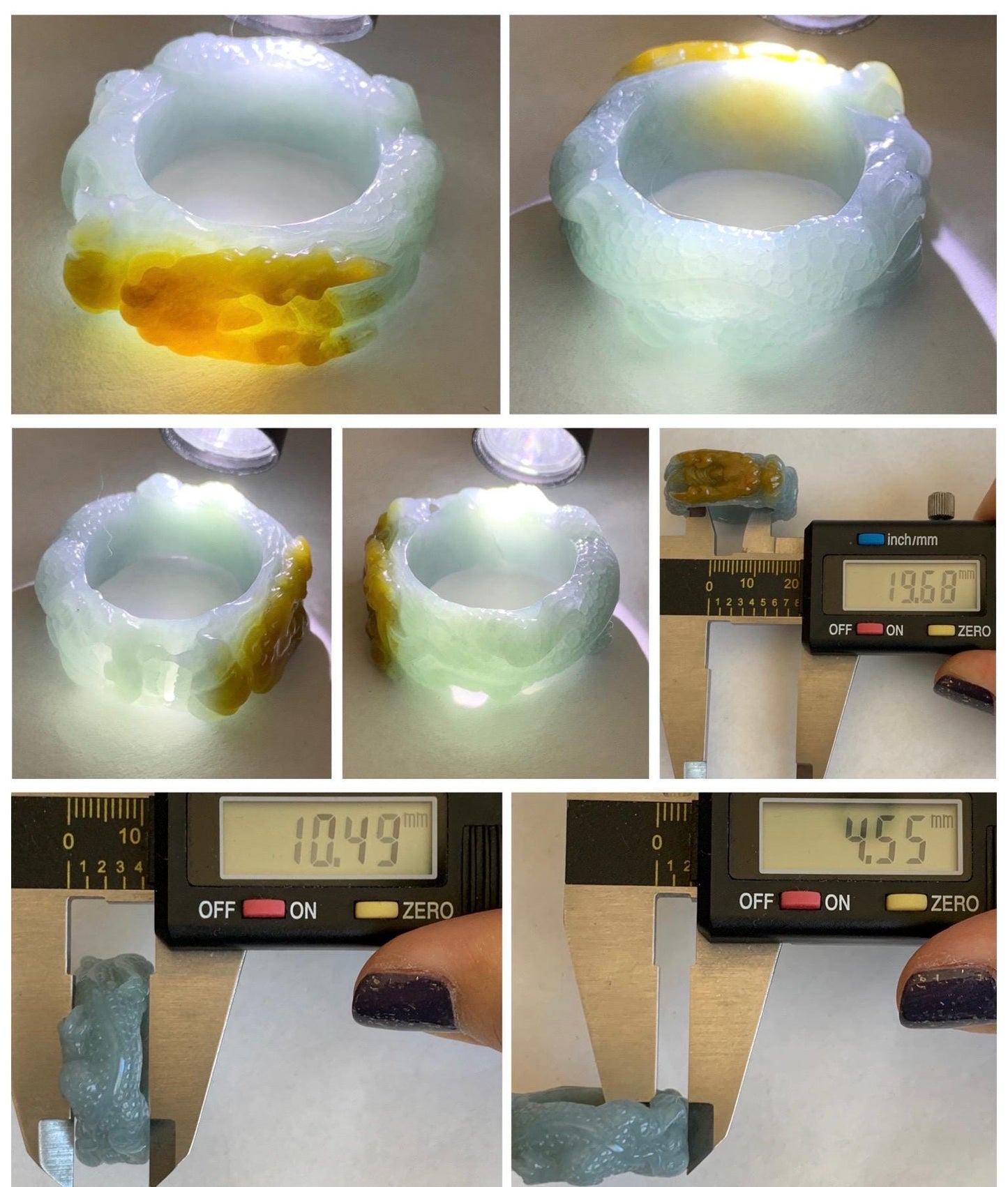 Natural Grade A Guatemalan Icy Translucent Dusty Blue Yellow Marbled Jadeite Carved Dragon Band Ring size 9.5 US 天然冰危浅蓝飘黄翡翠盘龙戒圈戒指扳指 TSW150