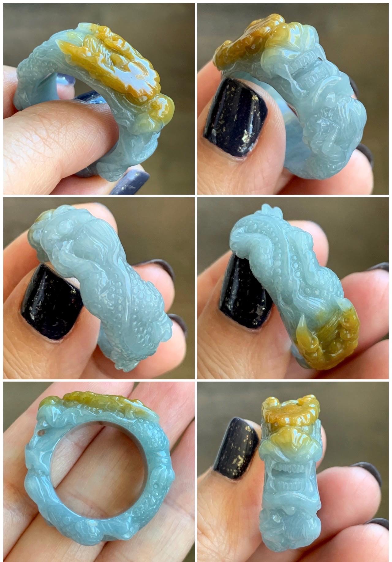 Natural Grade A Guatemalan Icy Translucent Dusty Blue Yellow Marbled Jadeite Carved Dragon Band Ring size 9.5 US 天然冰危浅蓝飘黄翡翠盘龙戒圈戒指扳指 TSW150