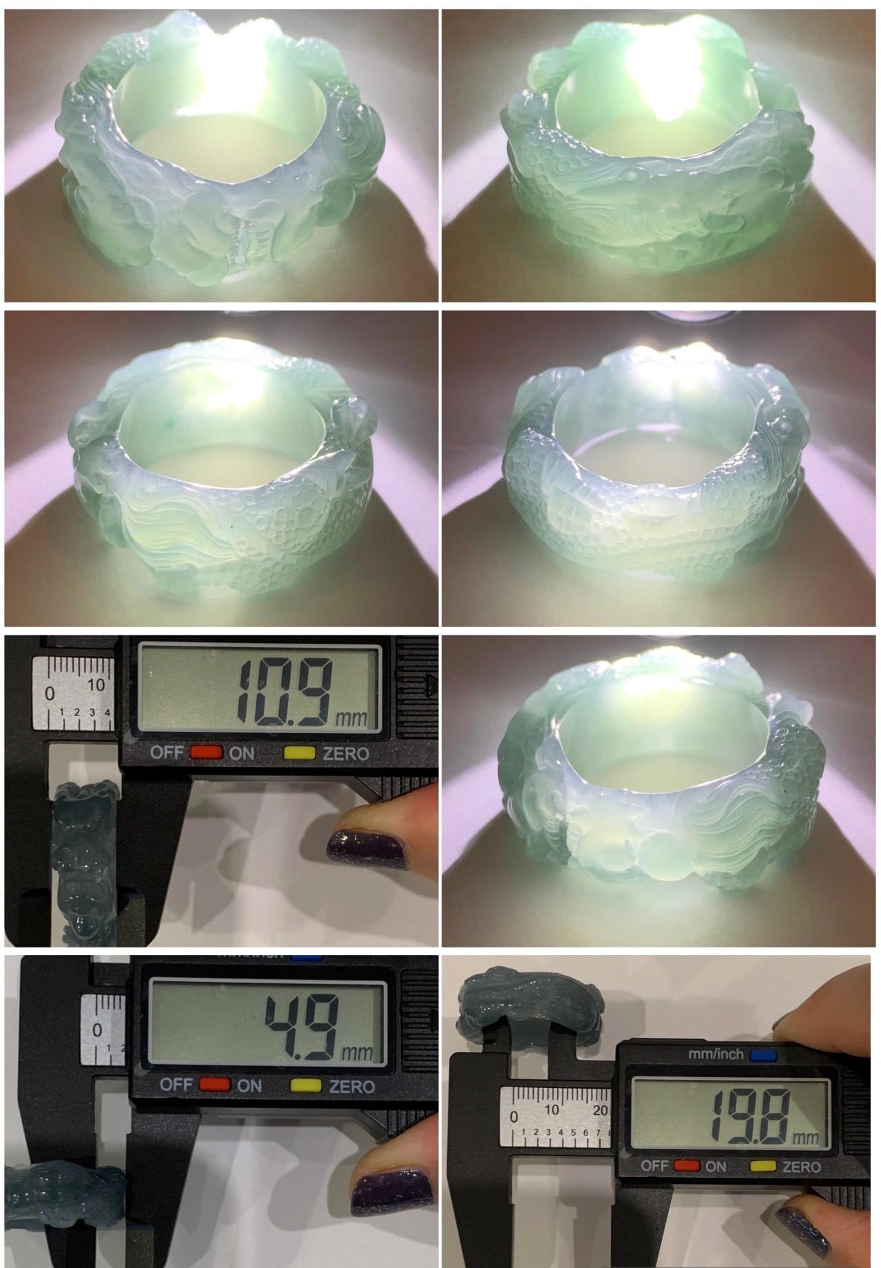 Natural Grade A Guatemalan Icy Translucent Dusty Teal Blue Jade Jadeite Carved Dragon Band Ring size 9.5 US 10g 天然冰胶危蓝翡翠盘龙戒圈戒指扳指 TSW563C