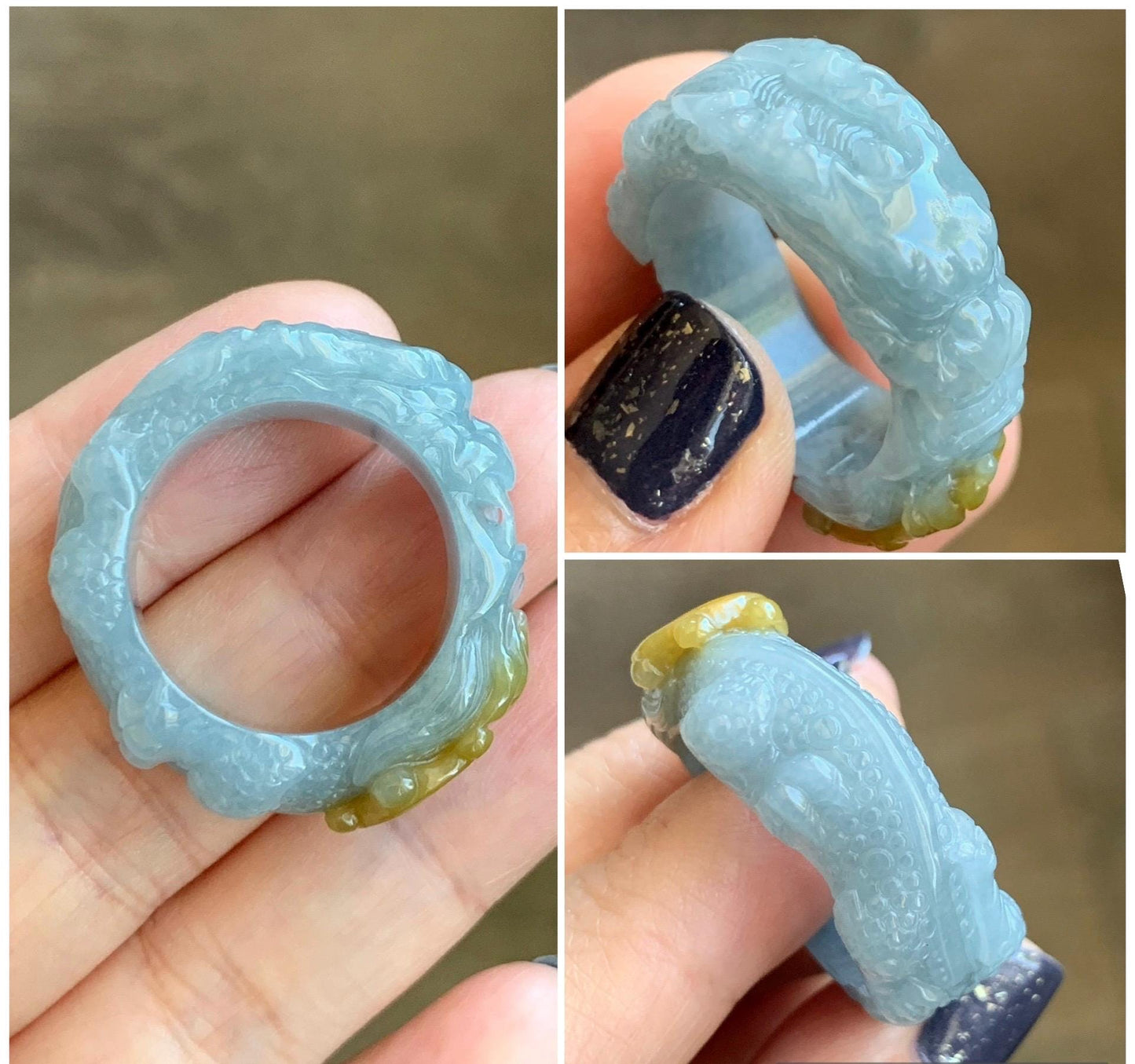 Natural Grade A Guatemalan Icy Translucent Dusty Blue Yellow Marbled Jadeite Carved Dragon Band Ring size 11 US 天然冰胶危浅蓝飘黄翡翠盘龙戒圈戒指扳指 TSW563B