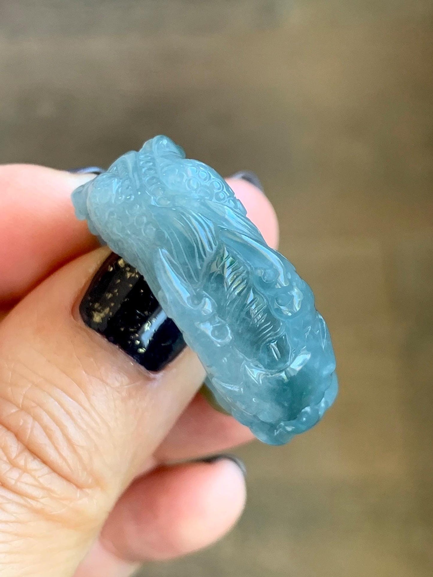 Natural Grade A Guatemalan Icy Translucent Teal Blue Yellow Marbled Jadeite Carved Dragon Band Ring size 11 US 天然冰胶危浅蓝飘黄翡翠盘龙戒圈戒指扳指 TSW563A