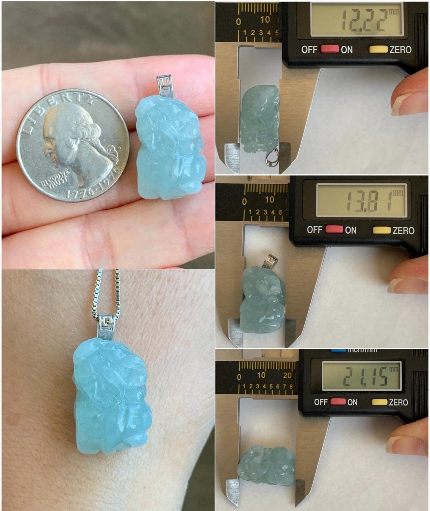 Natural Grade A Icy Translucent Gelatinous Pastel Blue Jade Jadeite Carved Pixiu Pendant 18K White Gold 8g 天然老种冰胶淡蓝翡翠貔貅吊坠 MTL248W